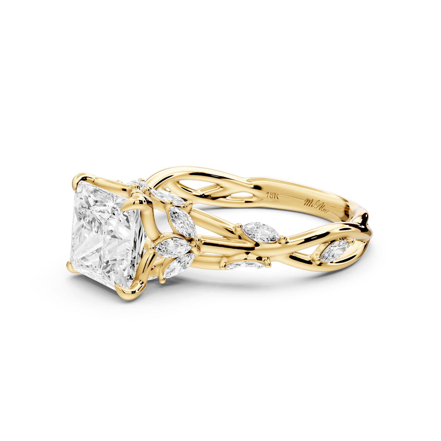 Sarah - 2ct 14k yellow gold Princess Nature-Inspired Engagement Ring with Sculpted Vine and Leaf Side Stones - Mr. Alex Jewelry