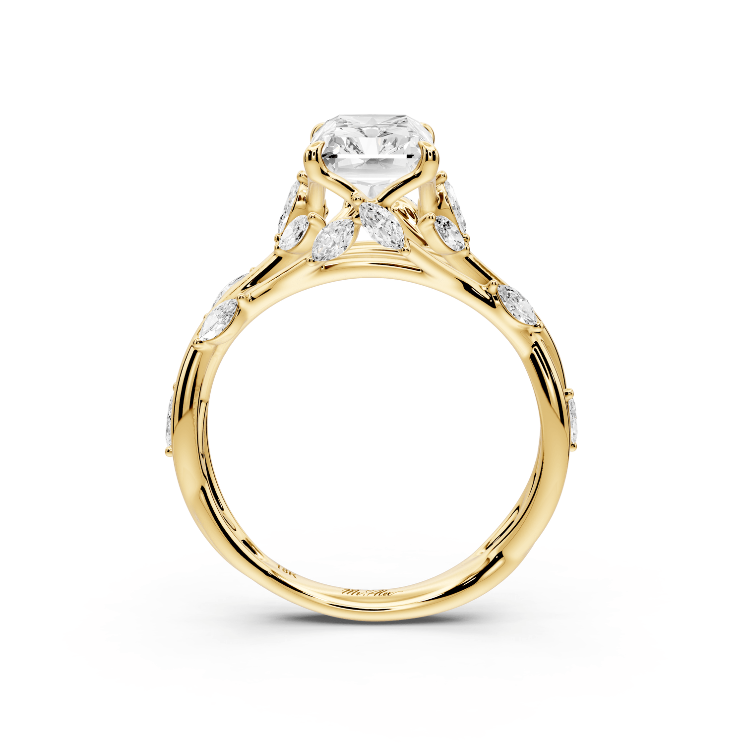 Sarah - 2ct 14k yellow gold Radiant Nature-Inspired Engagement Ring with Sculpted Vine and Leaf Side Stones - Mr. Alex Jewelry