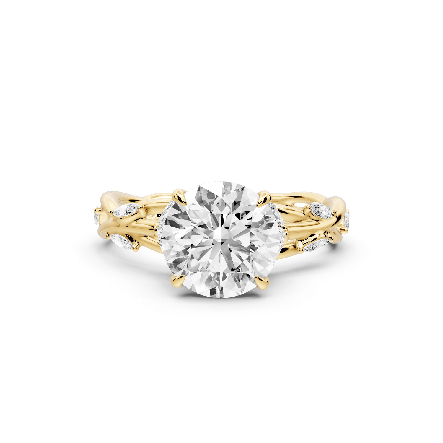 Sarah - 2ct 14k yellow gold Round Nature-Inspired Engagement Ring with Sculpted Vine and Leaf Side Stones - Mr. Alex Jewelry