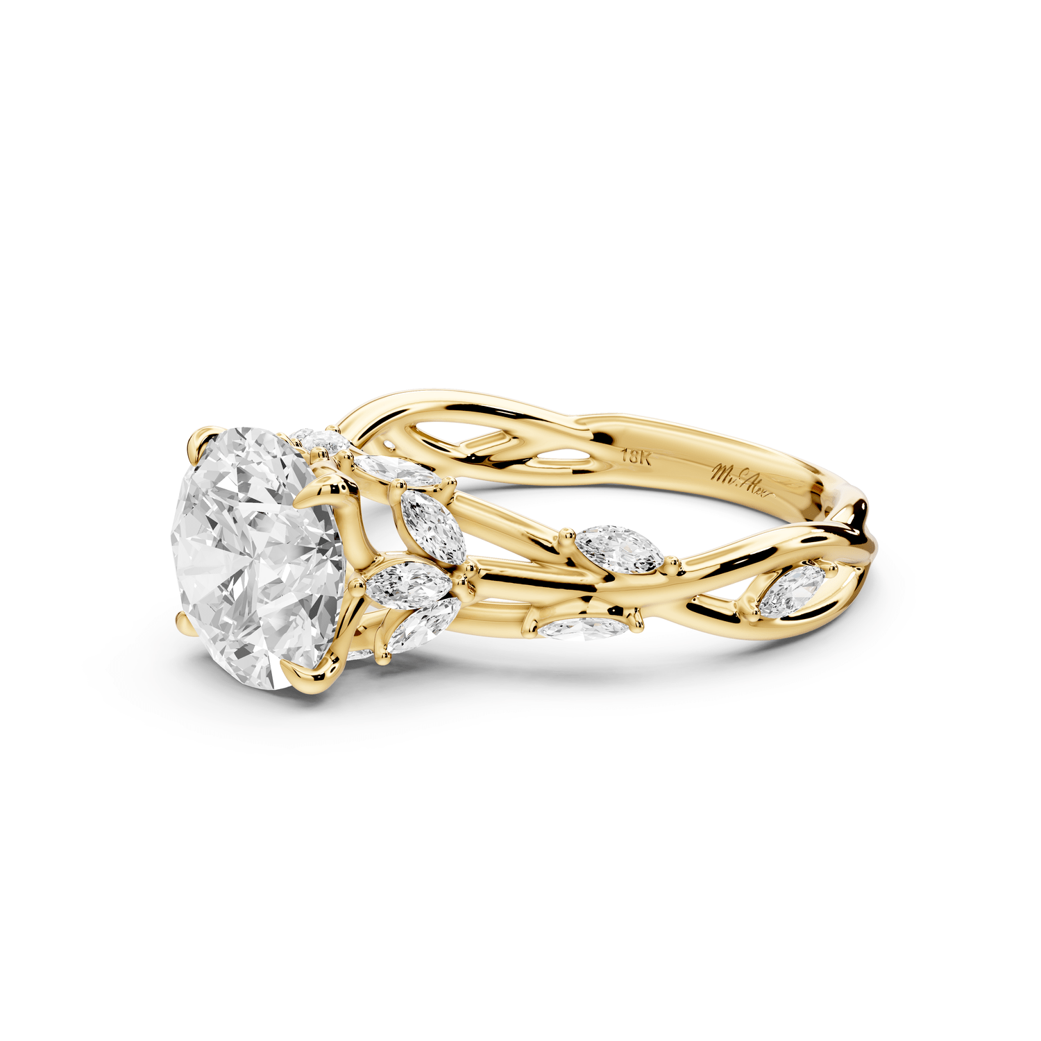Sarah - 2ct 14k yellow gold Round Nature-Inspired Engagement Ring with Sculpted Vine and Leaf Side Stones - Mr. Alex Jewelry