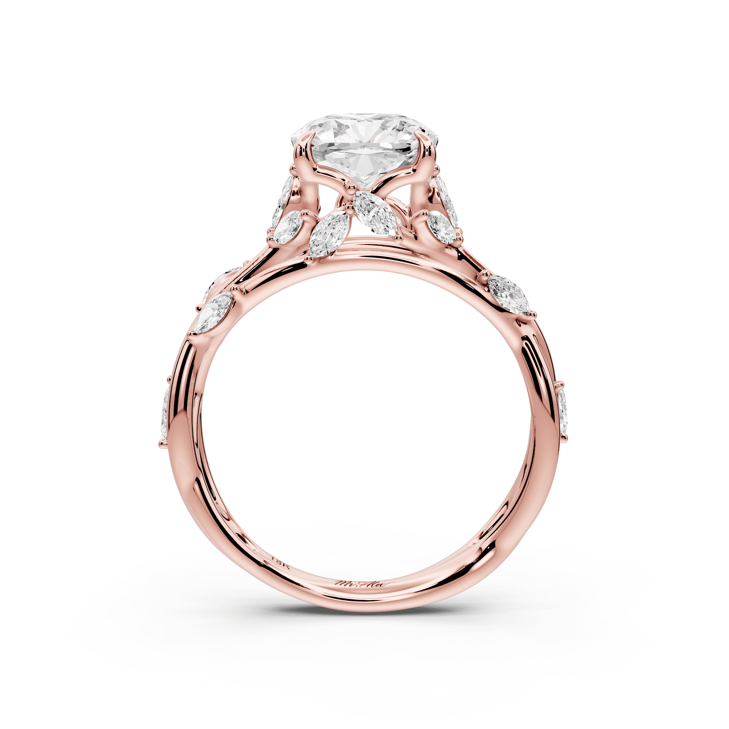 Sarah - 2ct 18k rose gold Cushion Nature-Inspired Engagement Ring with Sculpted Vine and Leaf Side Stones - Mr. Alex Jewelry