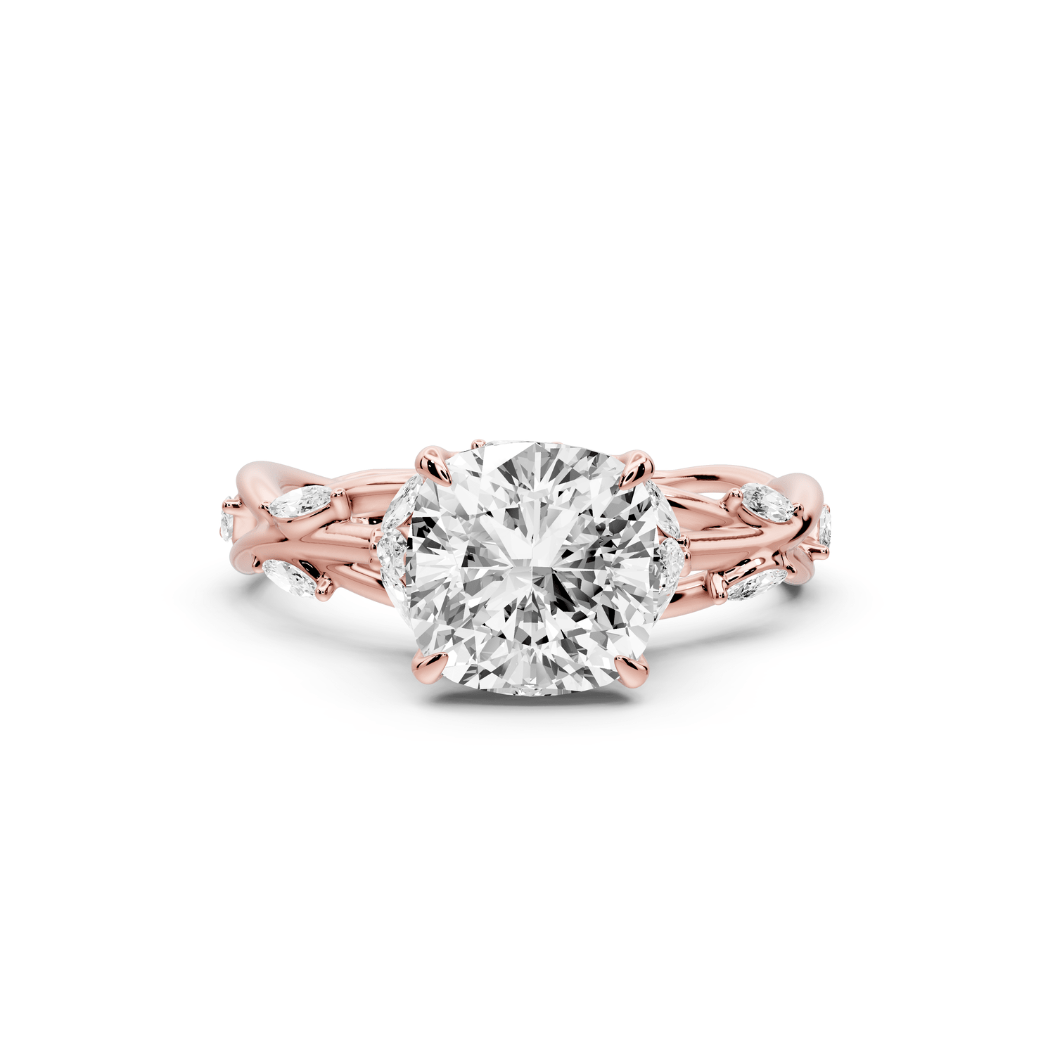 Sarah - 2ct 18k rose gold Cushion Nature-Inspired Engagement Ring with Sculpted Vine and Leaf Side Stones - Mr. Alex Jewelry