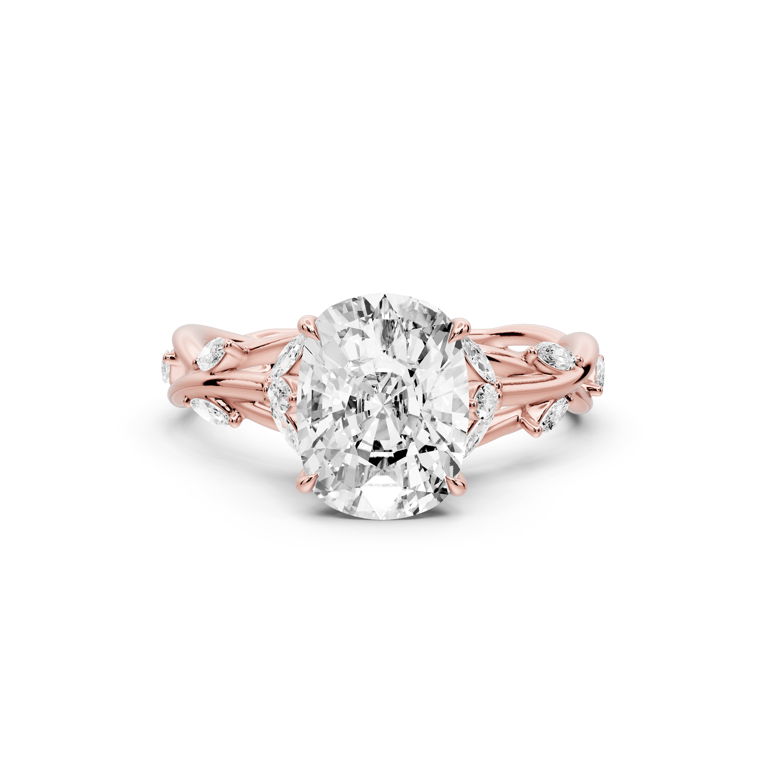 Sarah - 2ct 18k rose gold Ecushion Nature-Inspired Engagement Ring with Sculpted Vine and Leaf Side Stones - Mr. Alex Jewelry