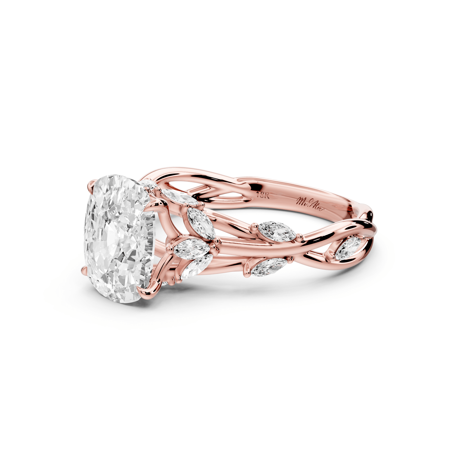 Sarah - 2ct 18k rose gold Ecushion Nature-Inspired Engagement Ring with Sculpted Vine and Leaf Side Stones - Mr. Alex Jewelry
