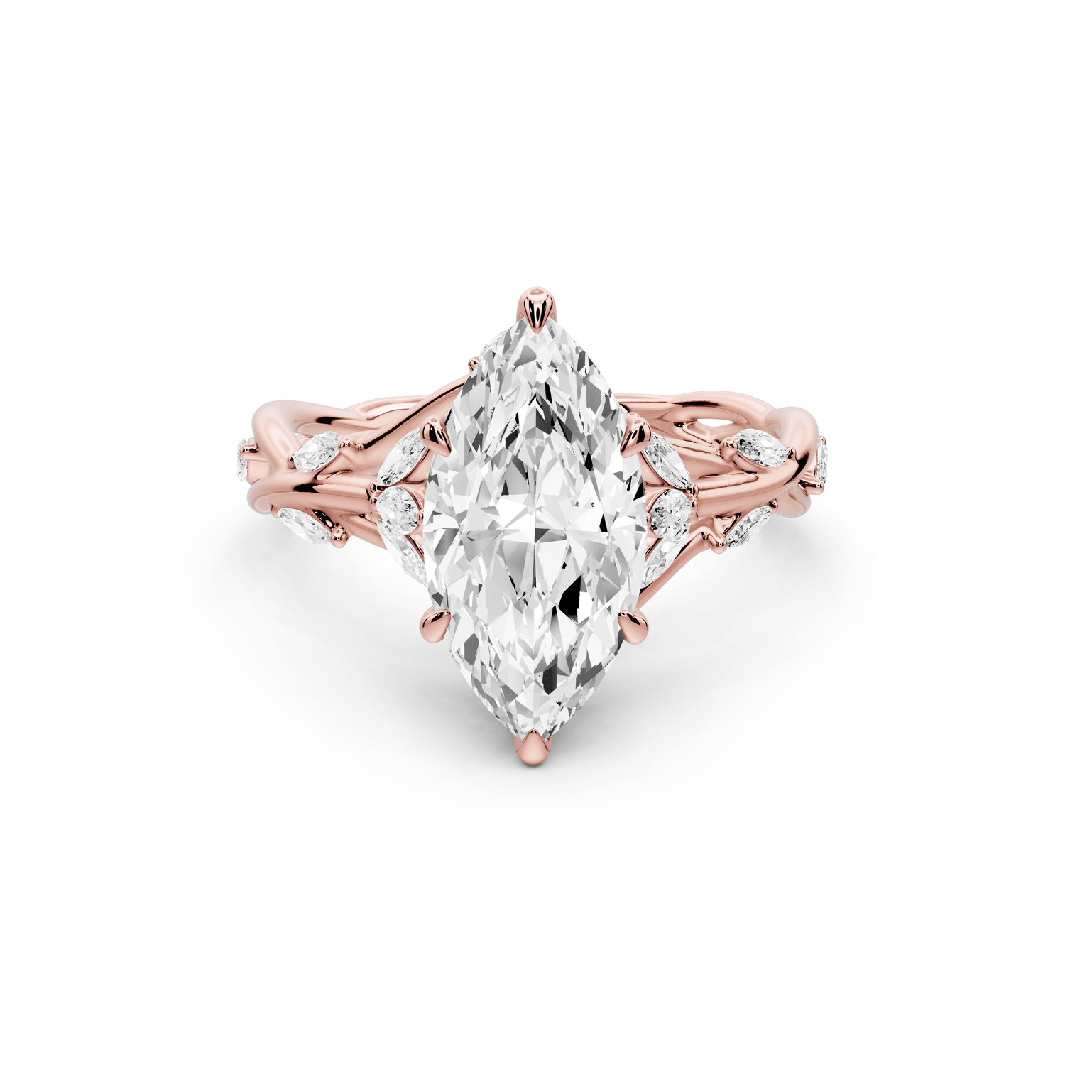 Sarah - 2ct 18k rose gold Marquise Nature-Inspired Engagement Ring with Sculpted Vine and Leaf Side Stones - Mr. Alex Jewelry