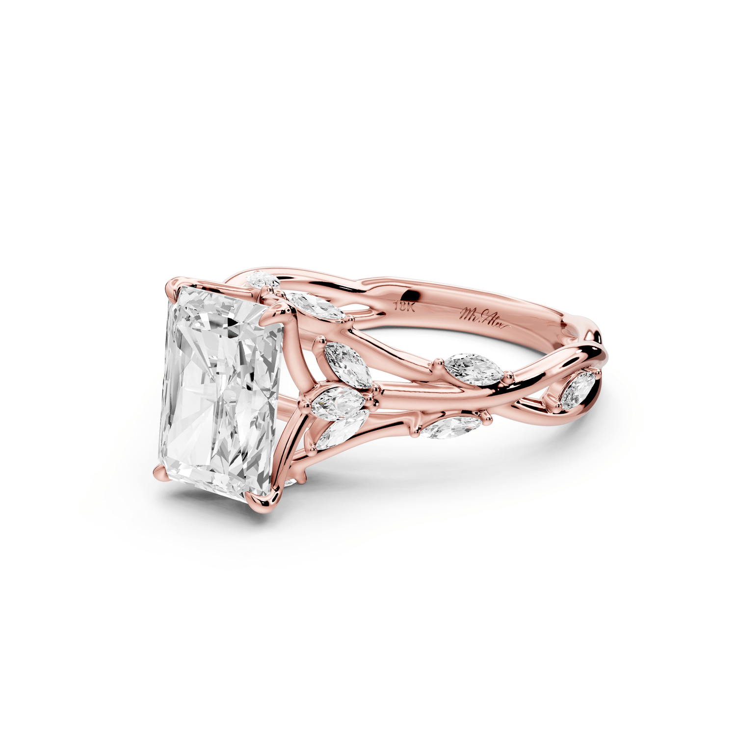 Sarah - 2ct 18k rose gold Radiant Nature-Inspired Engagement Ring with Sculpted Vine and Leaf Side Stones - Mr. Alex Jewelry