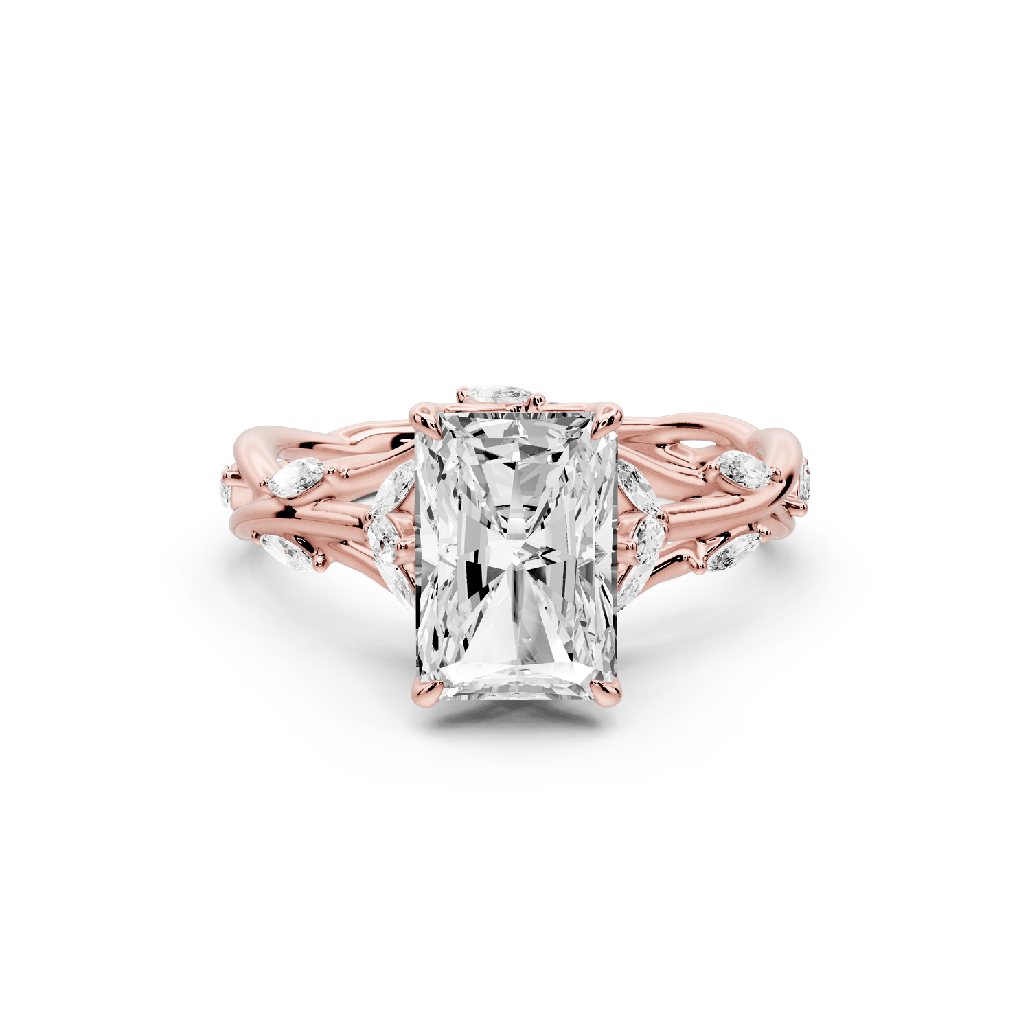 Sarah - 2ct 18k rose gold Radiant Nature-Inspired Engagement Ring with Sculpted Vine and Leaf Side Stones - Mr. Alex Jewelry