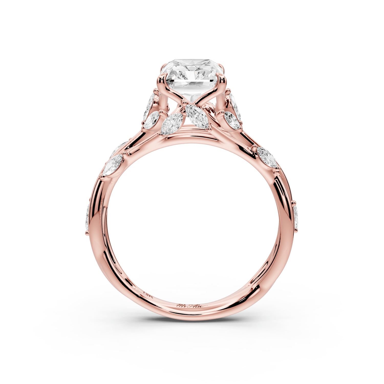 Sarah - 2ct 18k rose gold Radiant Nature-Inspired Engagement Ring with Sculpted Vine and Leaf Side Stones - Mr. Alex Jewelry