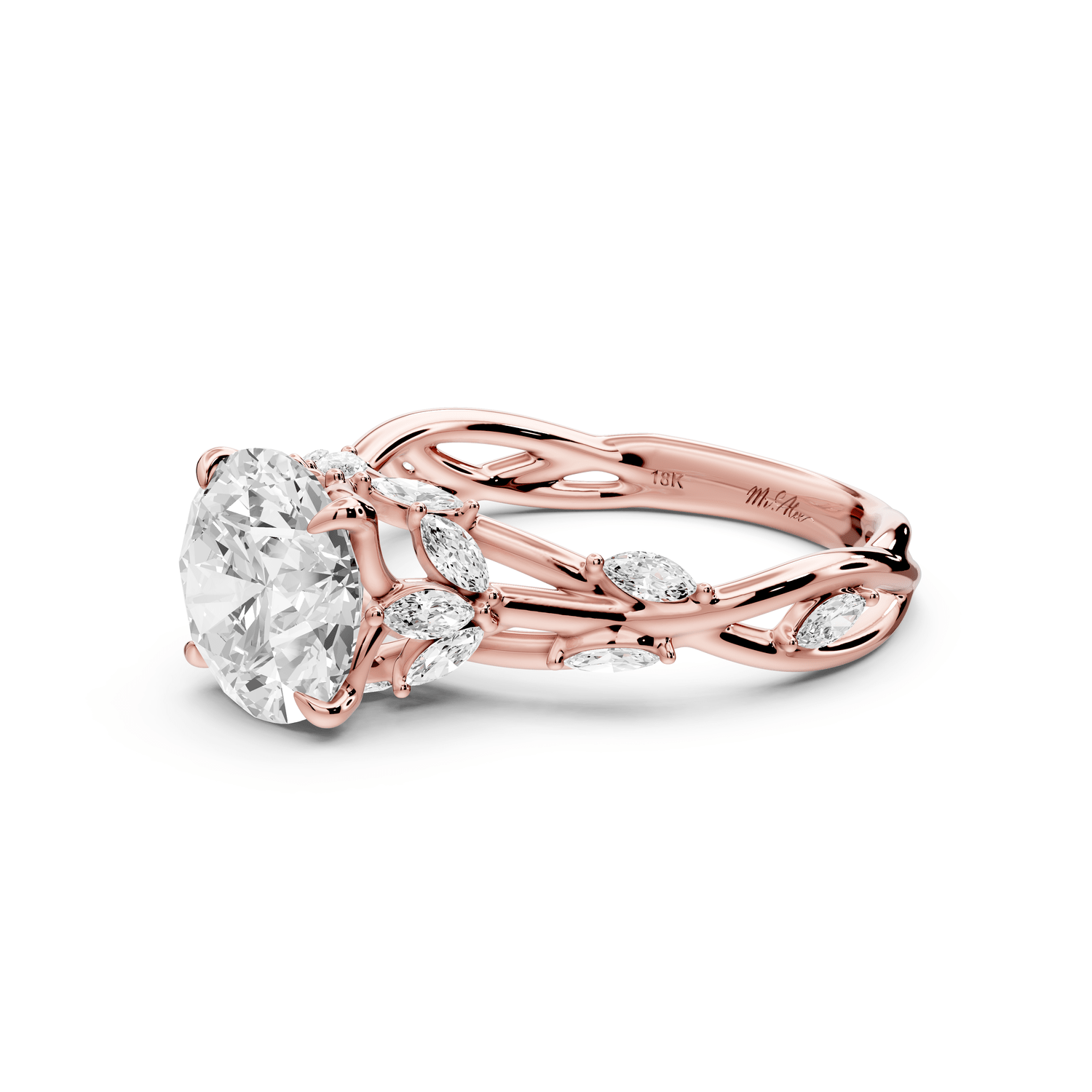 Sarah - 2ct 18k rose gold Round Nature-Inspired Engagement Ring with Sculpted Vine and Leaf Side Stones - Mr. Alex Jewelry