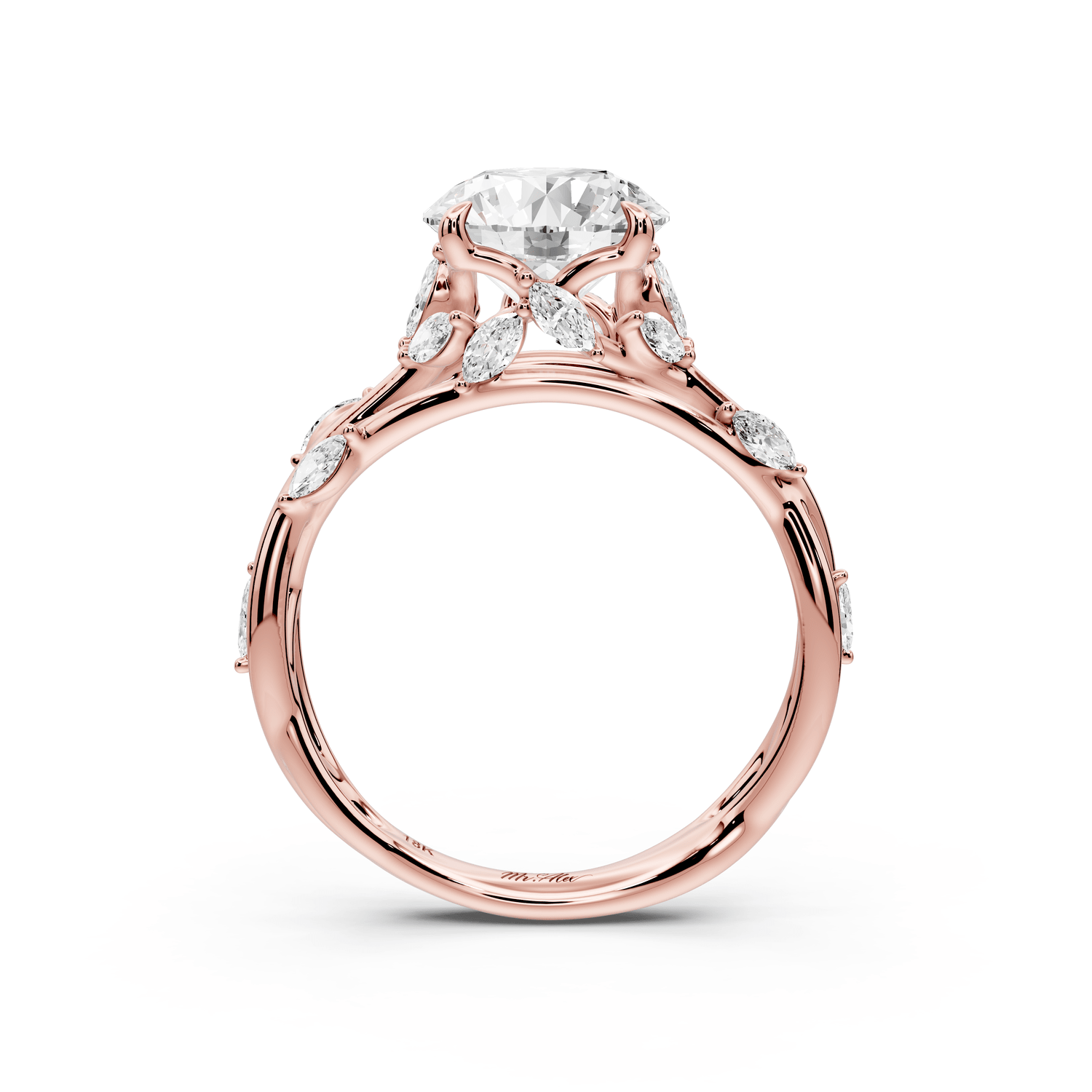 Sarah - 2ct 18k rose gold Round Nature-Inspired Engagement Ring with Sculpted Vine and Leaf Side Stones - Mr. Alex Jewelry