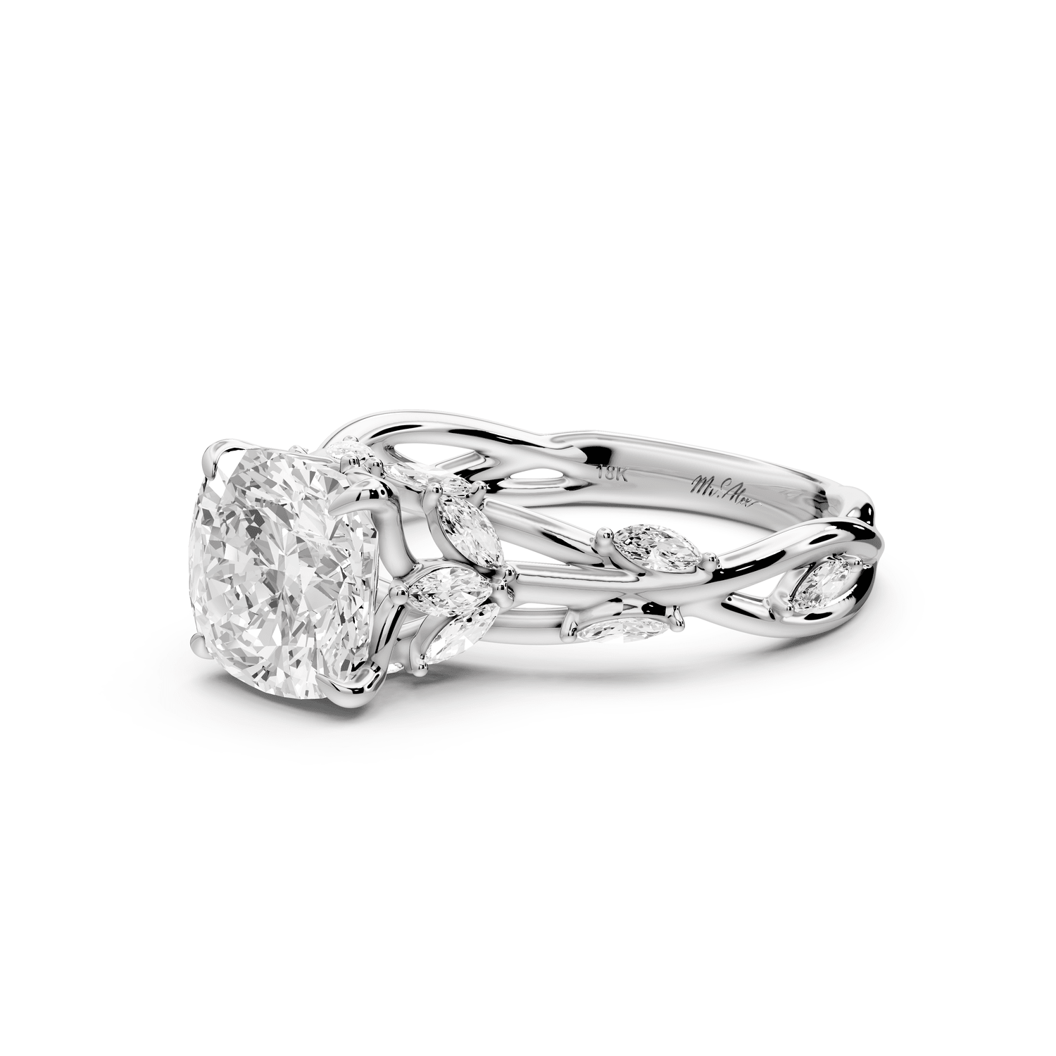 Sarah - 2ct 18k white gold Cushion Nature-Inspired Engagement Ring with Sculpted Vine and Leaf Side Stones - Mr. Alex Jewelry