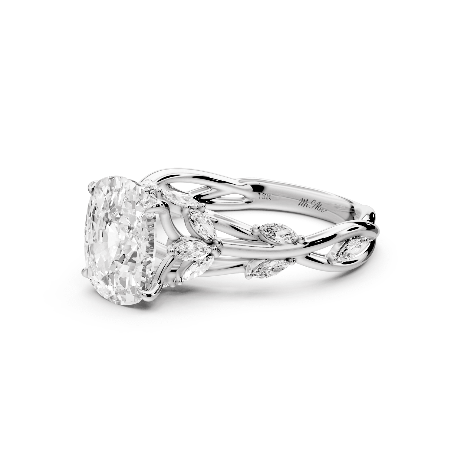 Sarah - 2ct 18k white gold Ecushion Nature-Inspired Engagement Ring with Sculpted Vine and Leaf Side Stones - Mr. Alex Jewelry