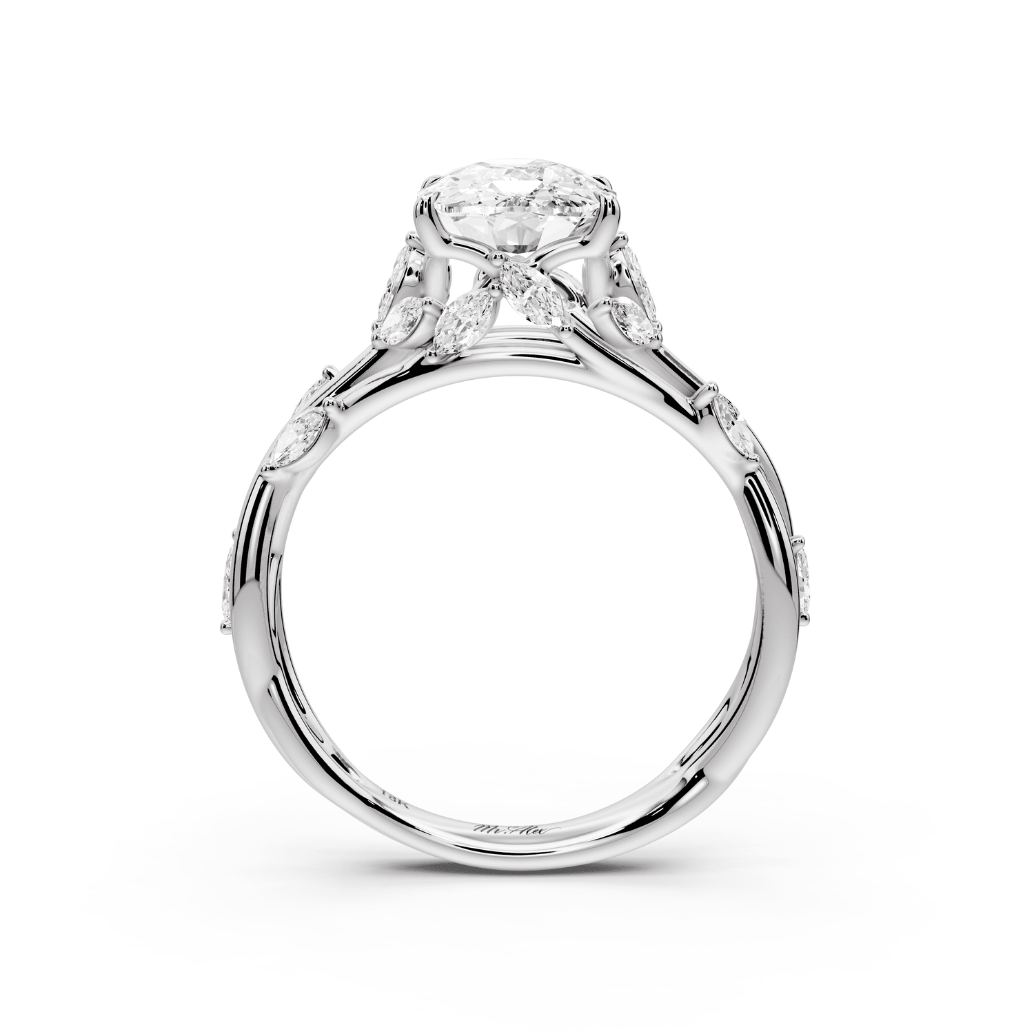 Sarah - 2ct 18k white gold Ecushion Nature-Inspired Engagement Ring with Sculpted Vine and Leaf Side Stones - Mr. Alex Jewelry