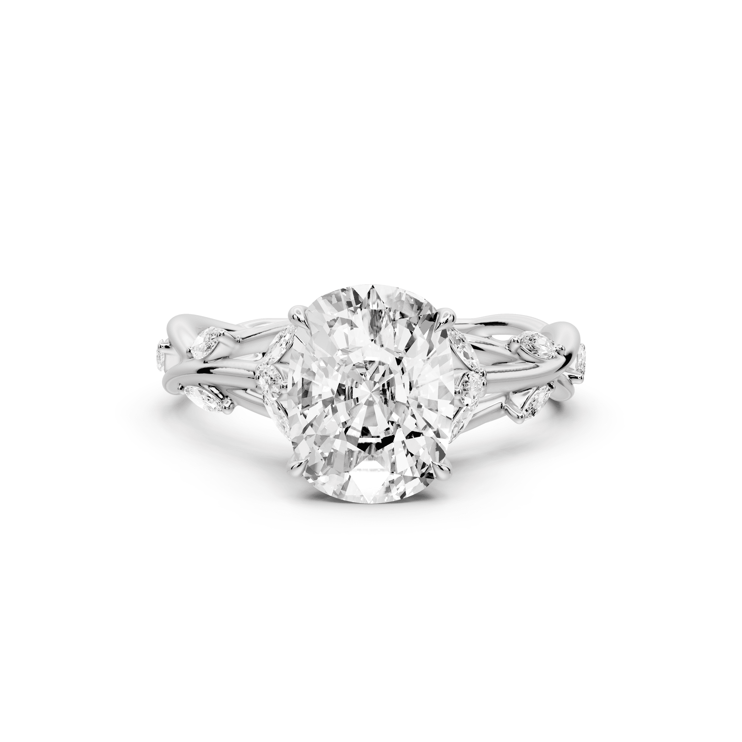 Sarah - 2ct 18k white gold Ecushion Nature-Inspired Engagement Ring with Sculpted Vine and Leaf Side Stones - Mr. Alex Jewelry