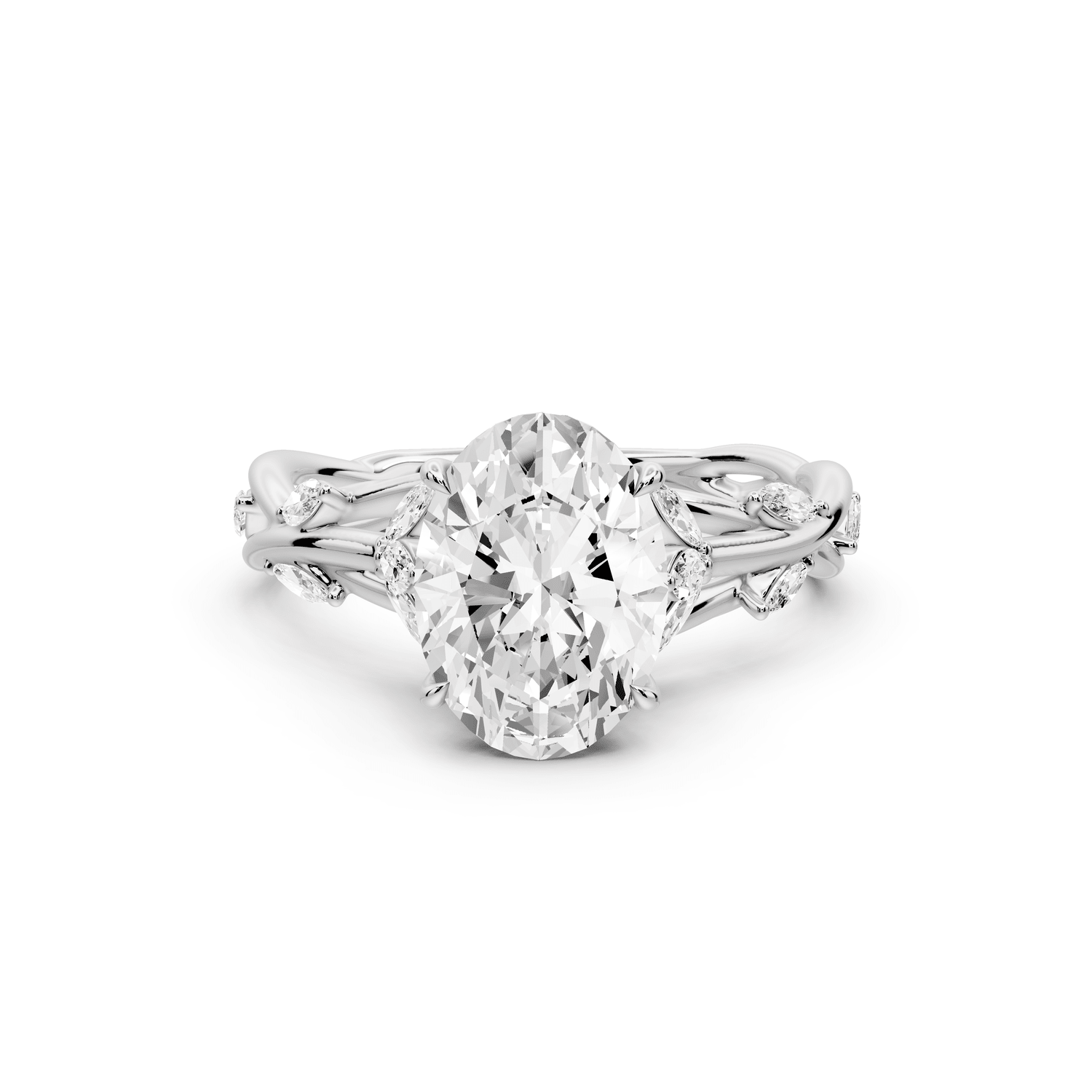 Sarah - 2ct 18k white gold Oval Nature-Inspired Engagement Ring with Sculpted Vine and Leaf Side Stones - Mr. Alex Jewelry