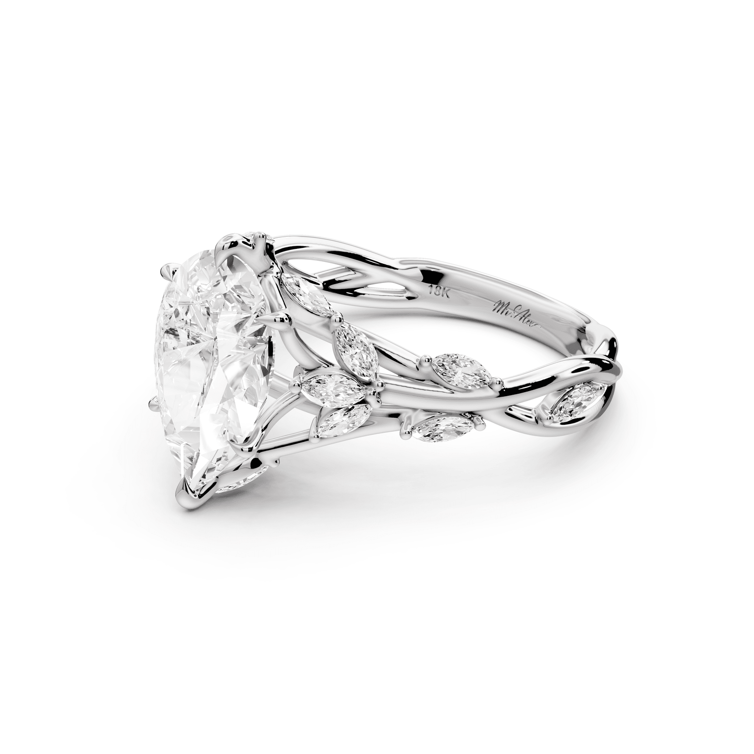 Sarah - 2ct 18k white gold Pear Nature-Inspired Engagement Ring with Sculpted Vine and Leaf Side Stones - Mr. Alex Jewelry