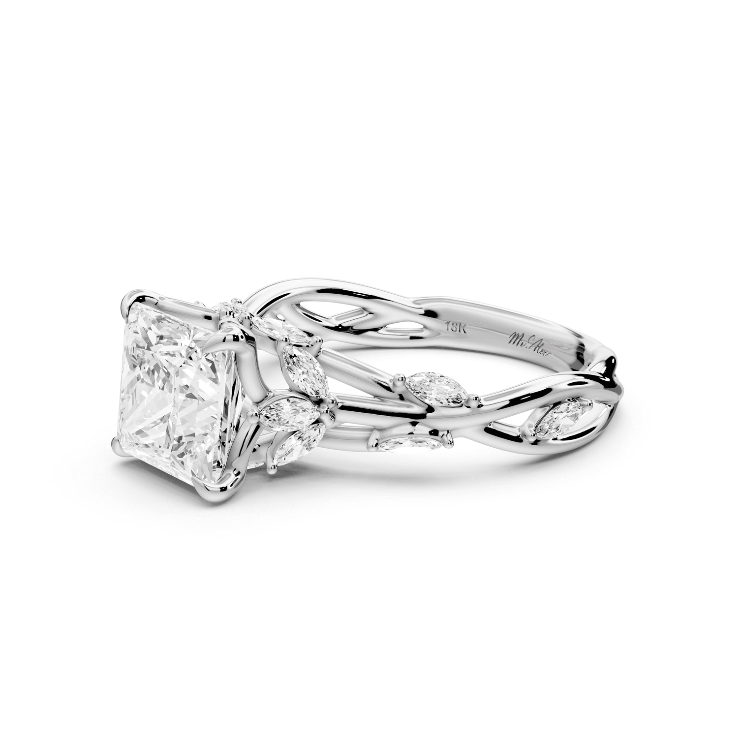 Sarah - 2ct 18k white gold Princess Nature-Inspired Engagement Ring with Sculpted Vine and Leaf Side Stones - Mr. Alex Jewelry
