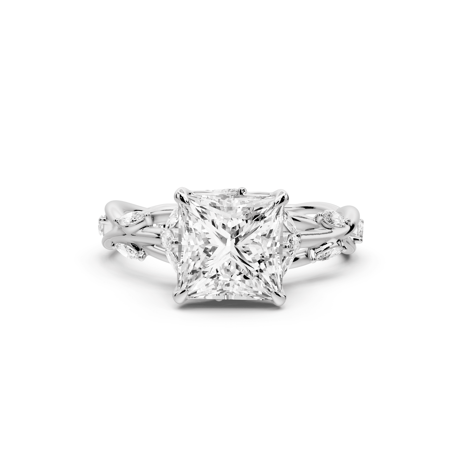 Sarah - 2ct 18k white gold Princess Nature-Inspired Engagement Ring with Sculpted Vine and Leaf Side Stones - Mr. Alex Jewelry