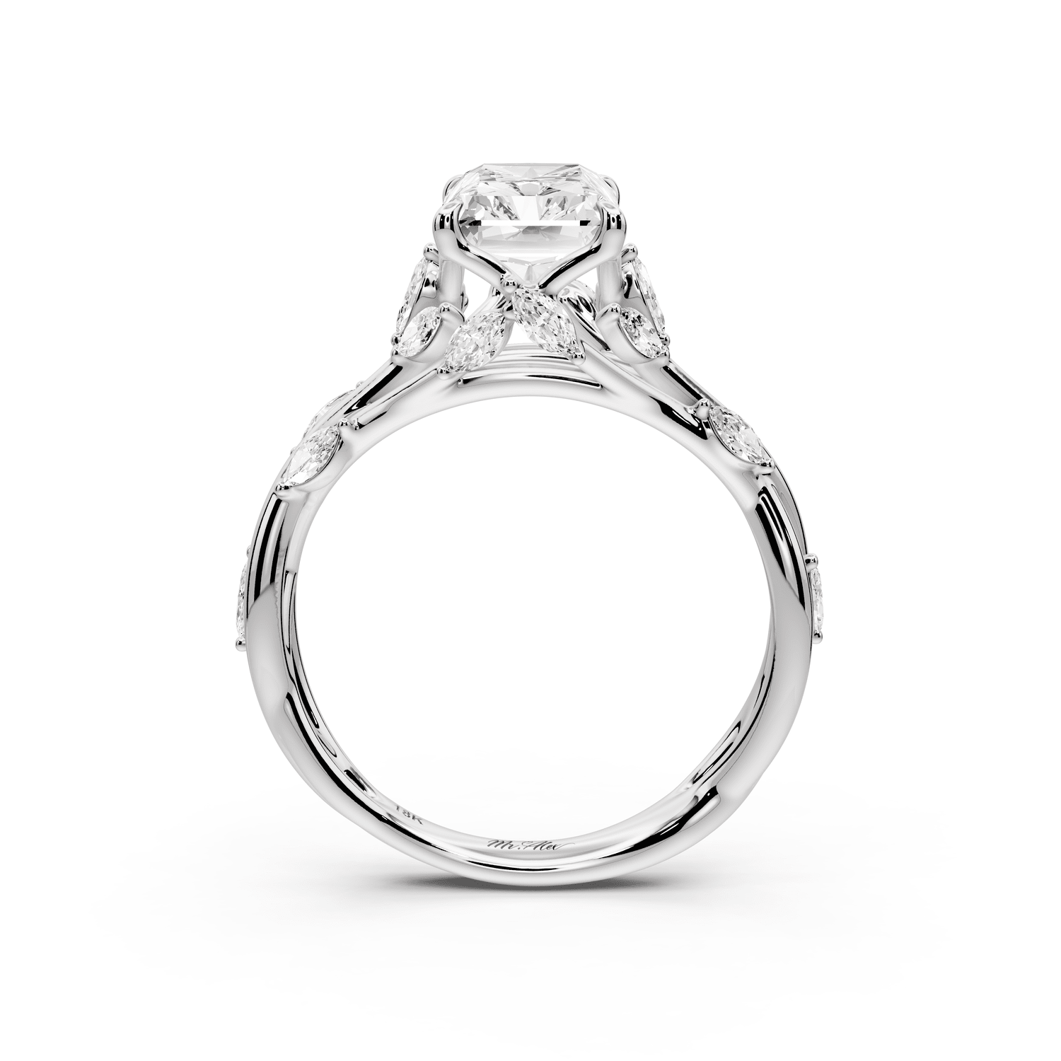 Sarah - 2ct 18k white gold Radiant Nature-Inspired Engagement Ring with Sculpted Vine and Leaf Side Stones - Mr. Alex Jewelry