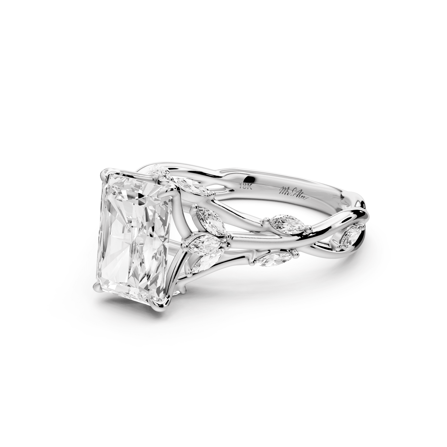 Sarah - 2ct 18k white gold Radiant Nature-Inspired Engagement Ring with Sculpted Vine and Leaf Side Stones - Mr. Alex Jewelry