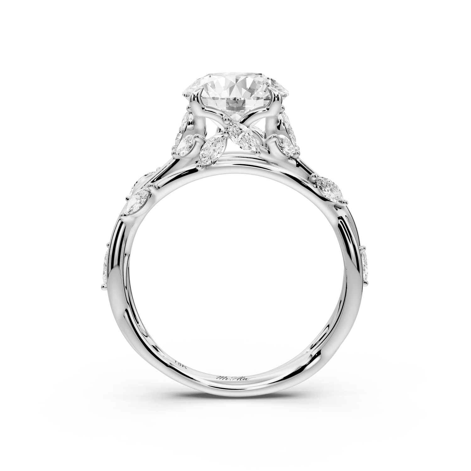 Sarah - 2ct 18k white gold Round Nature-Inspired Engagement Ring with Sculpted Vine and Leaf Side Stones - Mr. Alex Jewelry