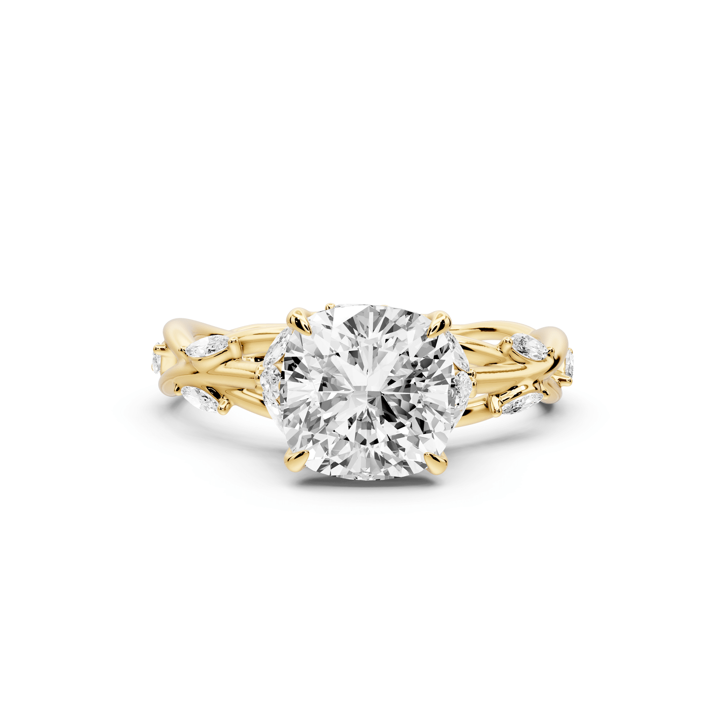 Sarah - 2ct 18k yellow gold Cushion Nature-Inspired Engagement Ring with Sculpted Vine and Leaf Side Stones - Mr. Alex Jewelry