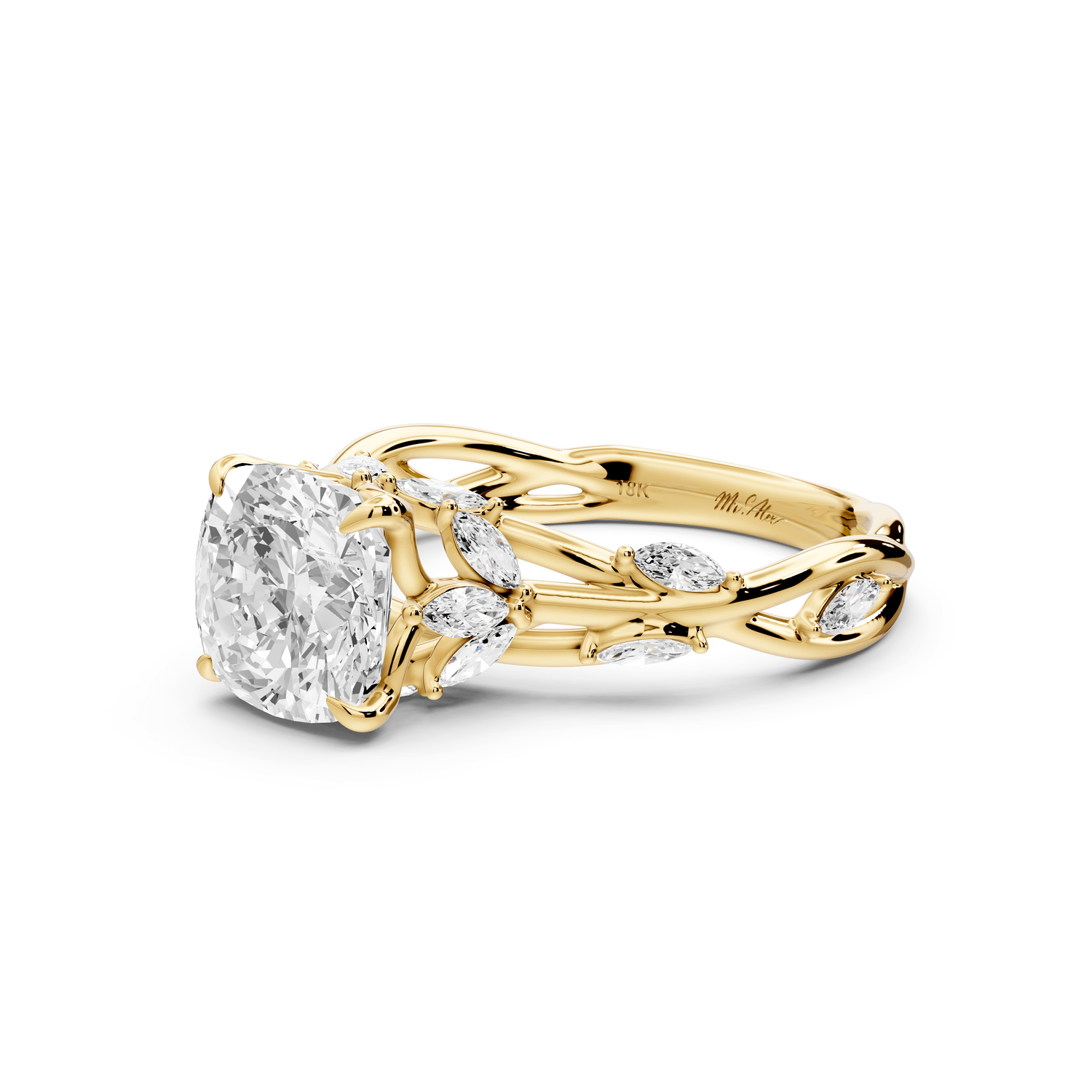 Sarah - 2ct 18k yellow gold Cushion Nature-Inspired Engagement Ring with Sculpted Vine and Leaf Side Stones - Mr. Alex Jewelry