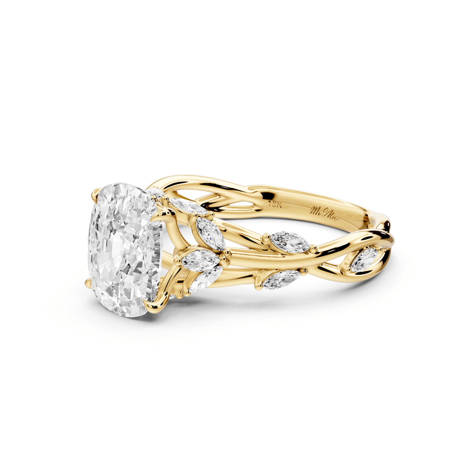 Sarah - 2ct 18k yellow gold Ecushion Nature-Inspired Engagement Ring with Sculpted Vine and Leaf Side Stones - Mr. Alex Jewelry