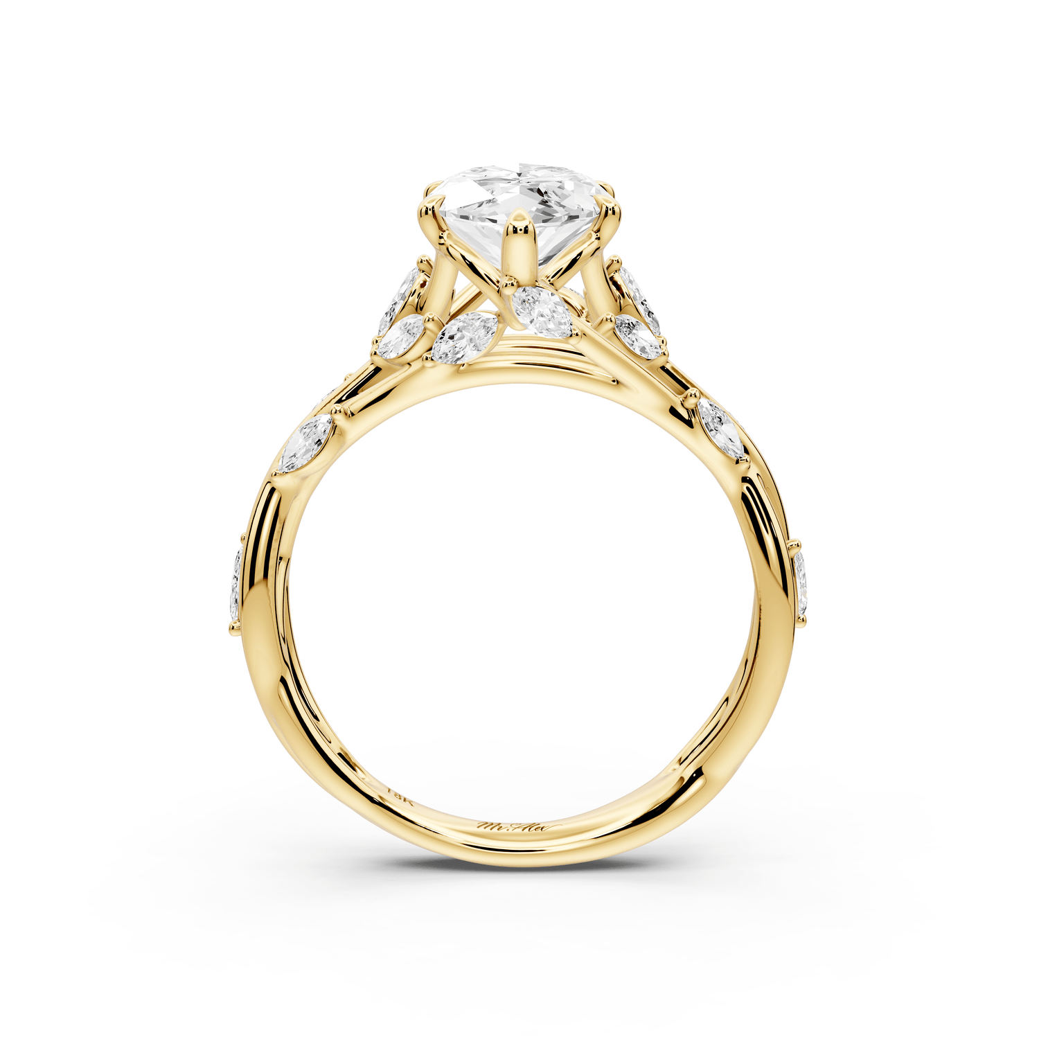 Sarah - 2ct 18k yellow gold Marquise Nature-Inspired Engagement Ring with Sculpted Vine and Leaf Side Stones - Mr. Alex Jewelry