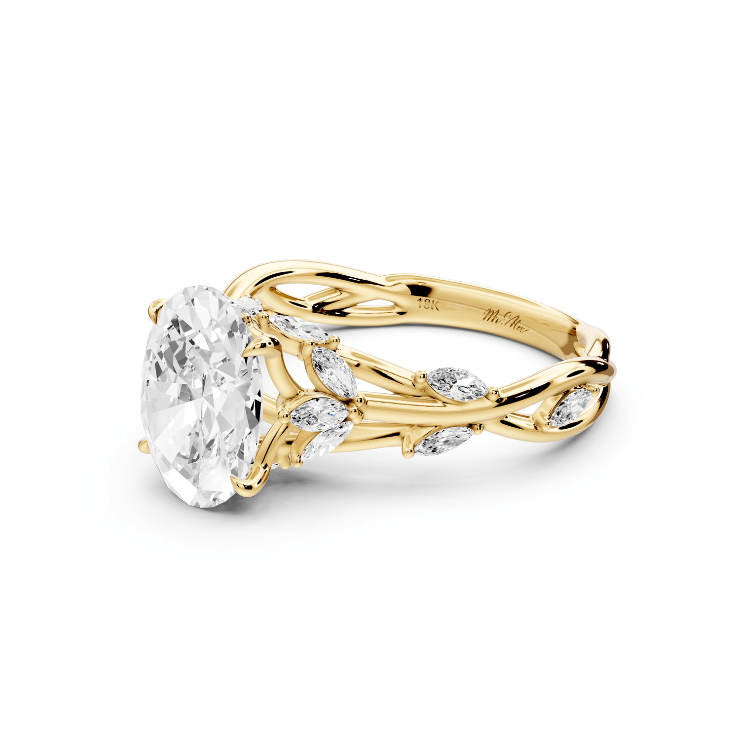 Sarah - 2ct 18k yellow gold Oval Nature-Inspired Engagement Ring with Sculpted Vine and Leaf Side Stones - Mr. Alex Jewelry