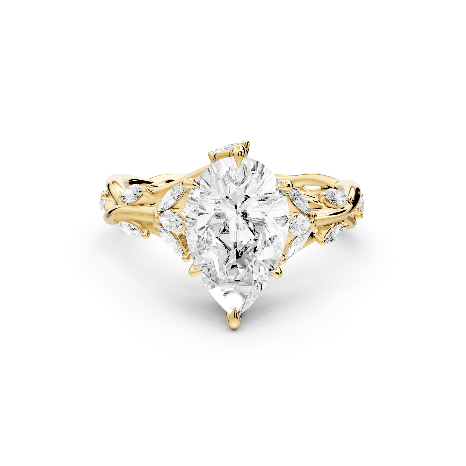 Sarah - 2ct 18k yellow gold Pear Nature-Inspired Engagement Ring with Sculpted Vine and Leaf Side Stones - Mr. Alex Jewelry