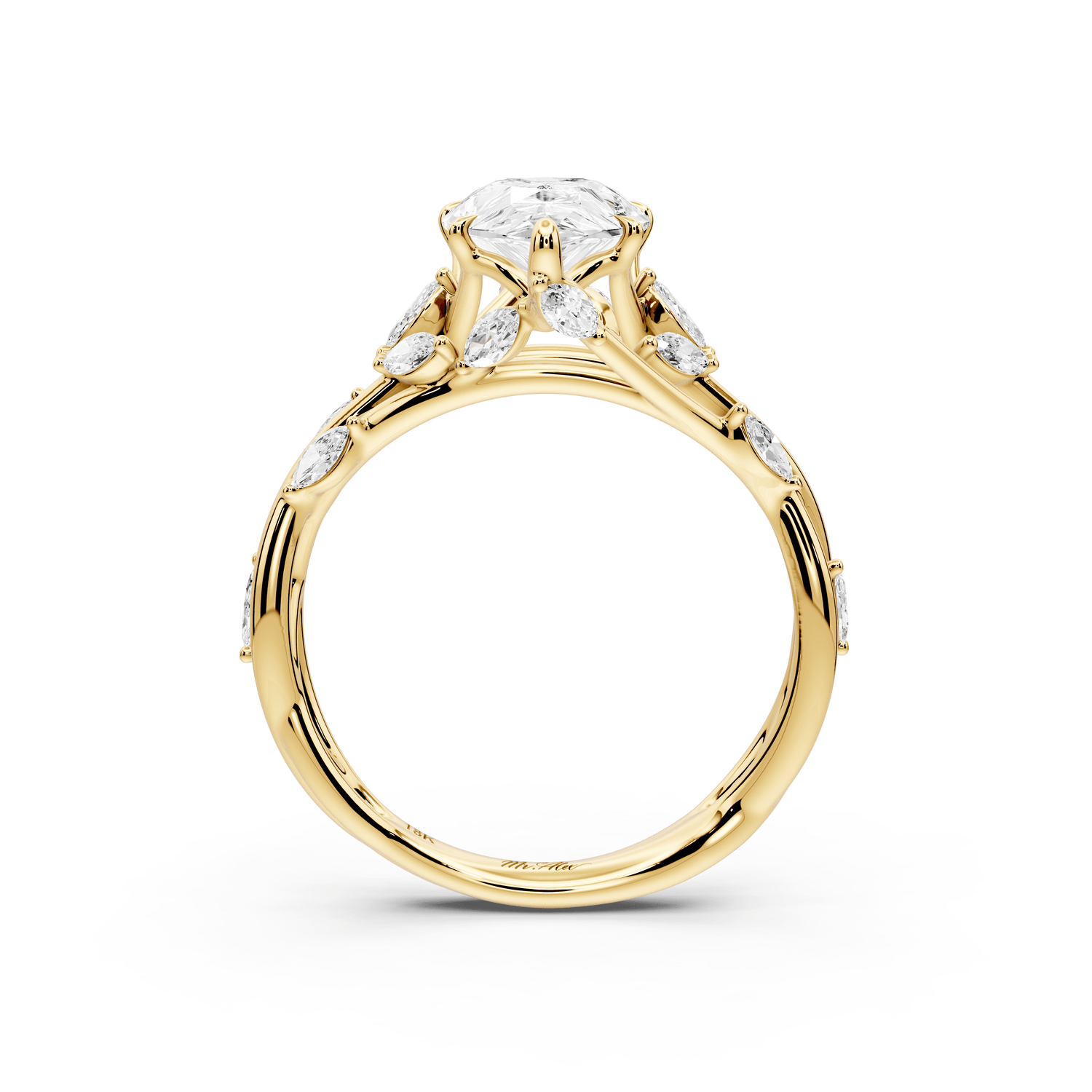 Sarah - 2ct 18k yellow gold Pear Nature-Inspired Engagement Ring with Sculpted Vine and Leaf Side Stones - Mr. Alex Jewelry