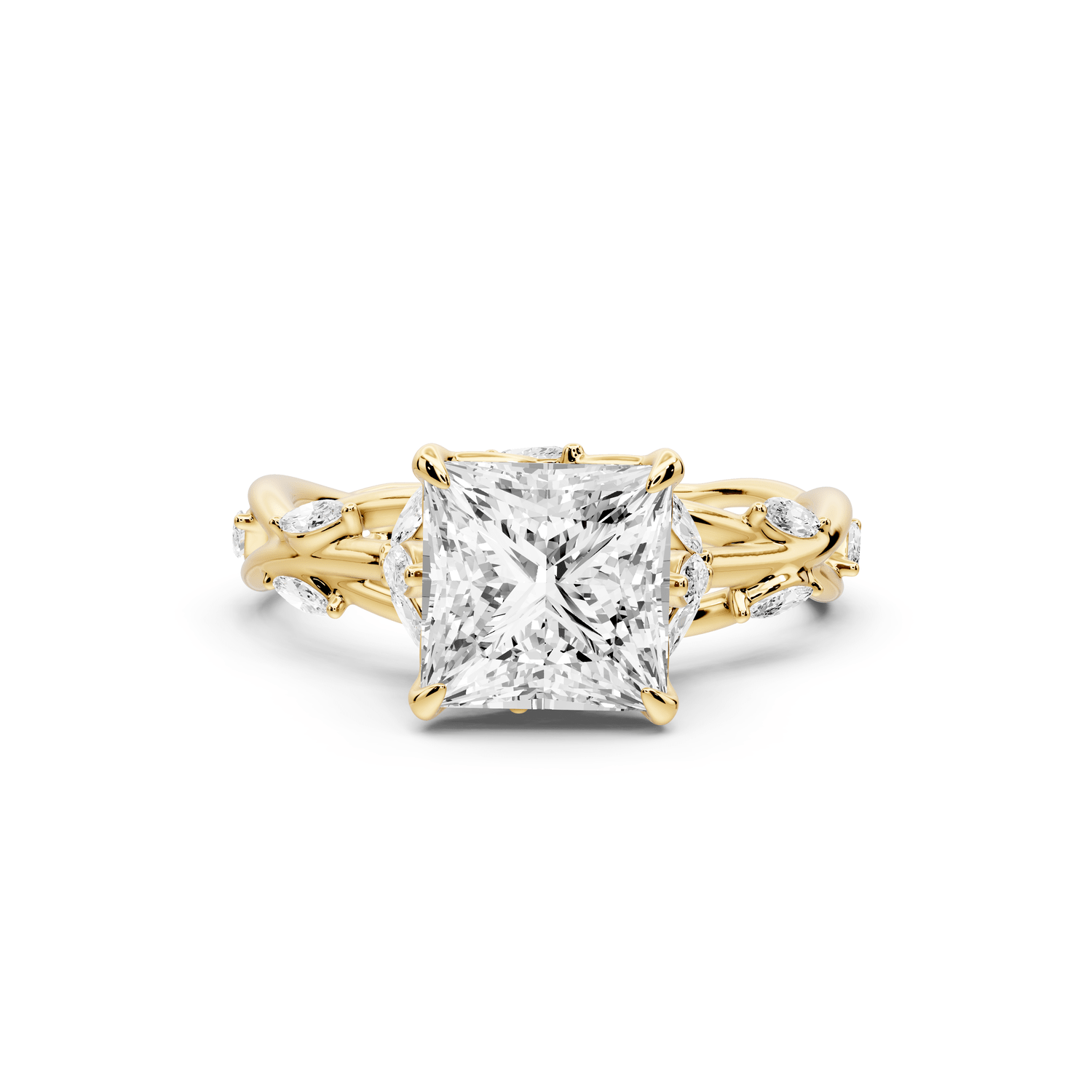 Sarah - 2ct 18k yellow gold Princess Nature-Inspired Engagement Ring with Sculpted Vine and Leaf Side Stones - Mr. Alex Jewelry