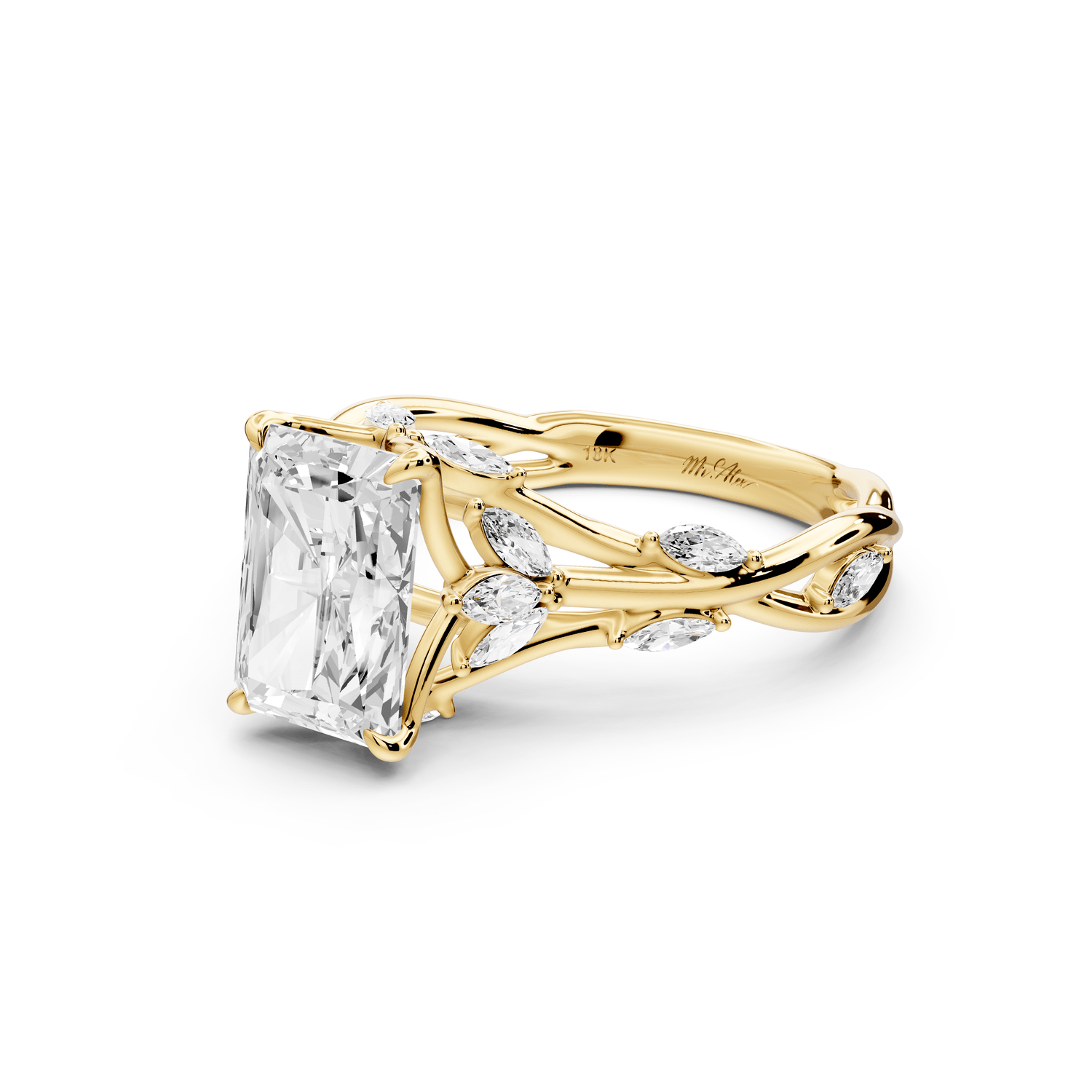 Sarah - 2ct 18k yellow gold Radiant Nature-Inspired Engagement Ring with Sculpted Vine and Leaf Side Stones - Mr. Alex Jewelry