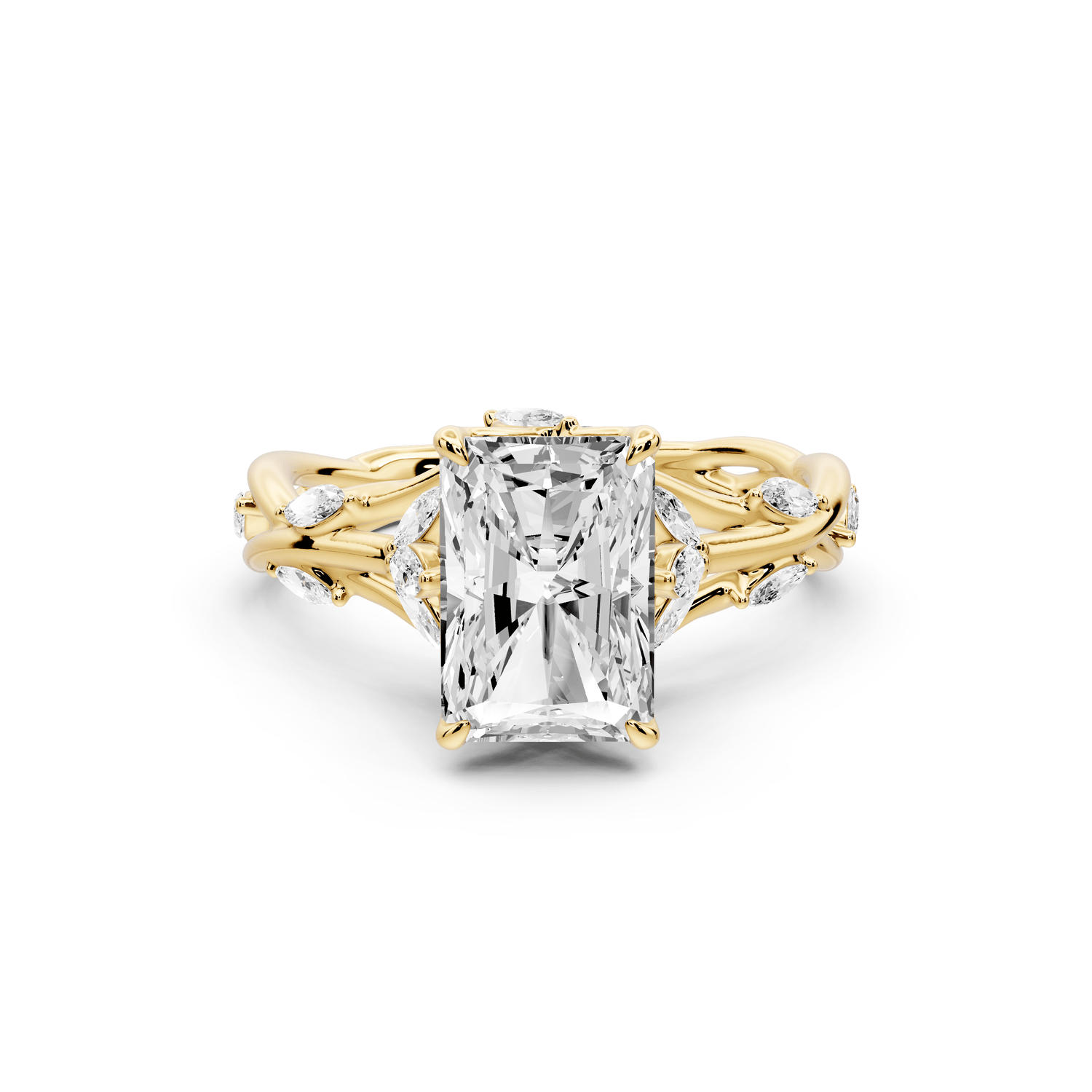 Sarah - 2ct 18k yellow gold Radiant Nature-Inspired Engagement Ring with Sculpted Vine and Leaf Side Stones - Mr. Alex Jewelry