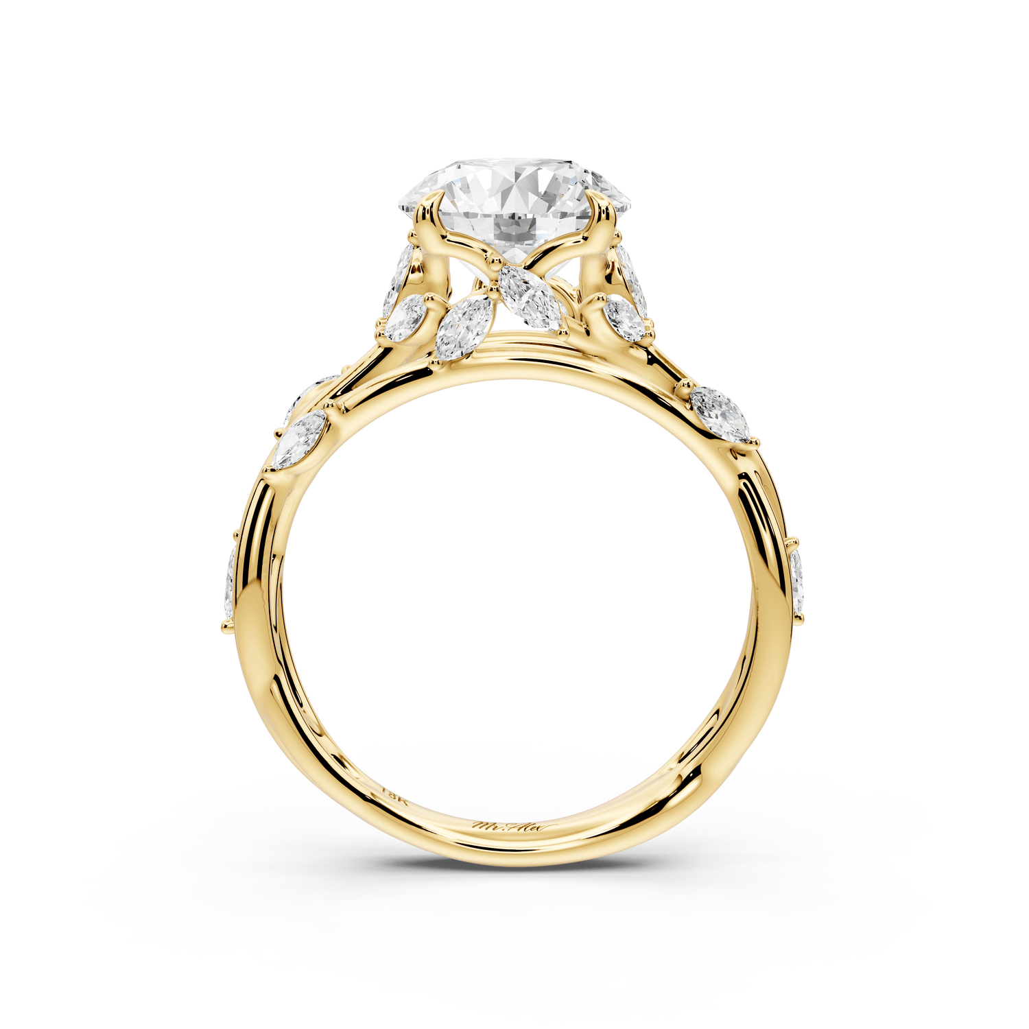 Sarah - 2ct 18k yellow gold Round Nature-Inspired Engagement Ring with Sculpted Vine and Leaf Side Stones - Mr. Alex Jewelry