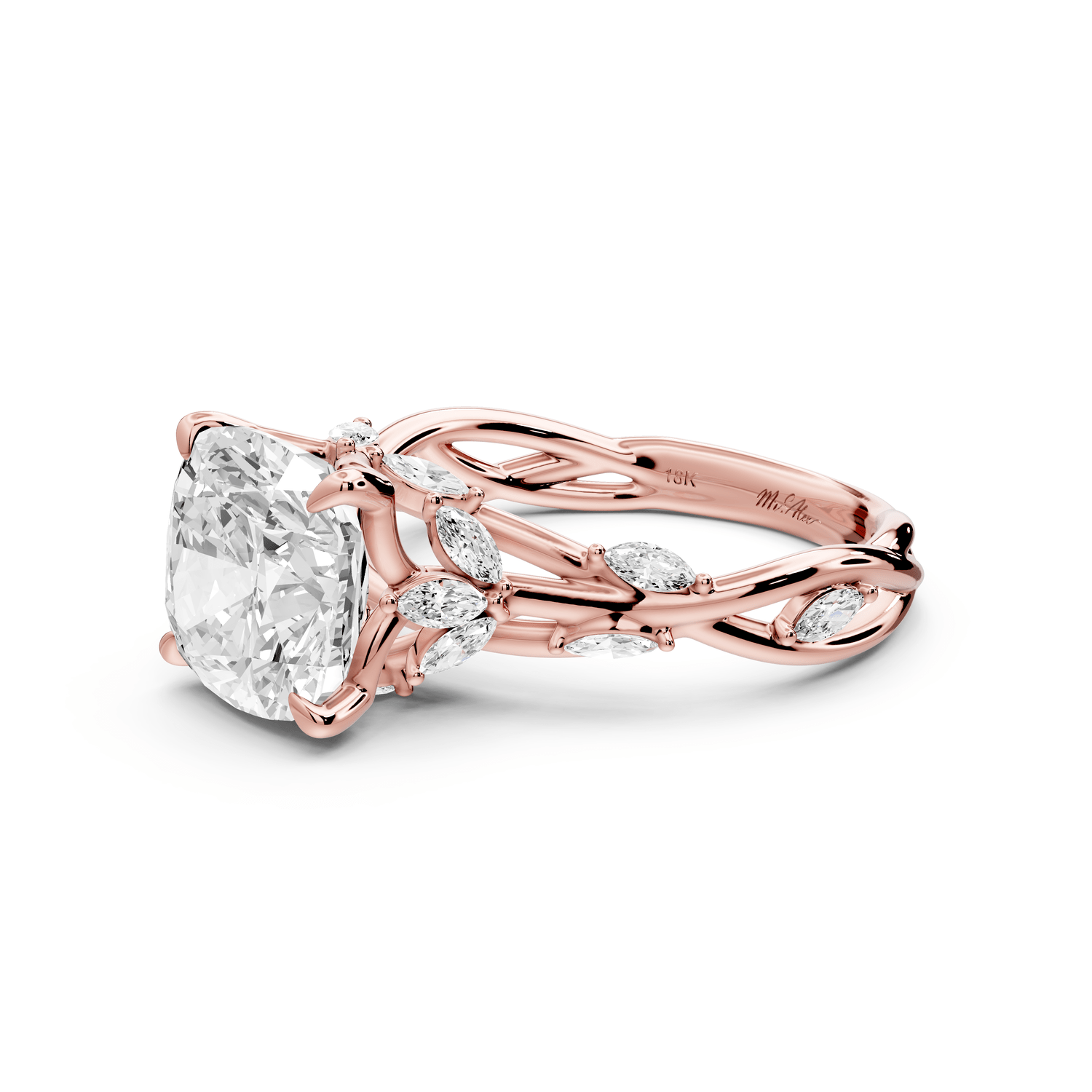 Sarah - 3ct 14k rose gold Cushion Nature-Inspired Engagement Ring with Sculpted Vine and Leaf Side Stones - Mr. Alex Jewelry