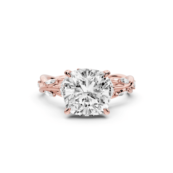 Sarah - 3ct 14k rose gold Cushion Nature-Inspired Engagement Ring with Sculpted Vine and Leaf Side Stones - Mr. Alex Jewelry