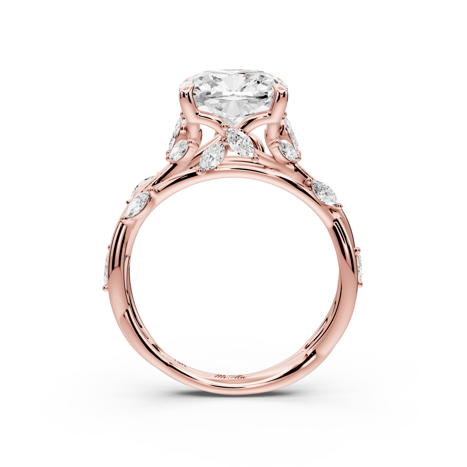 Sarah - 3ct 14k rose gold Cushion Nature-Inspired Engagement Ring with Sculpted Vine and Leaf Side Stones - Mr. Alex Jewelry