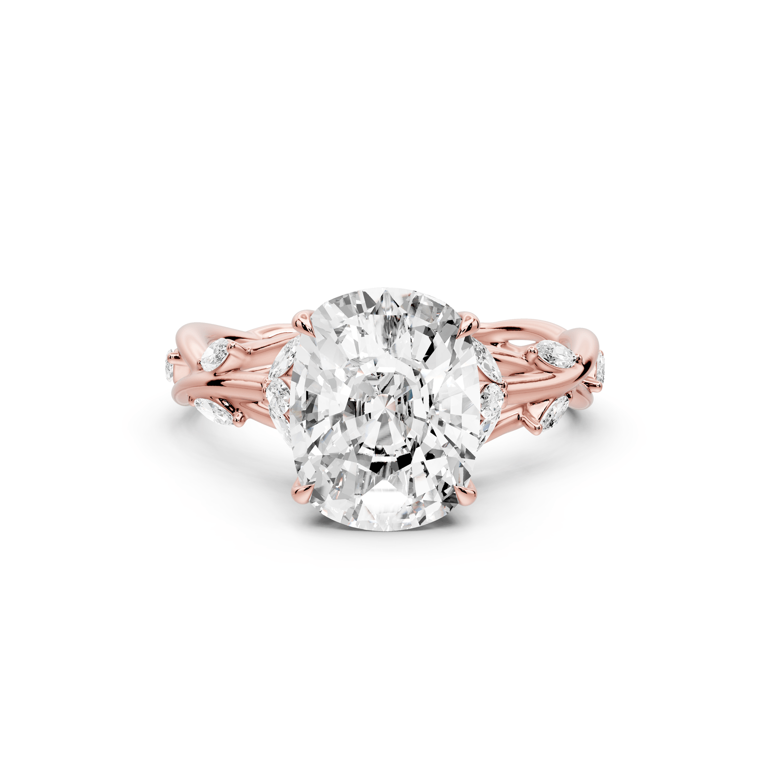 Sarah - 3ct 14k rose gold Ecushion Nature-Inspired Engagement Ring with Sculpted Vine and Leaf Side Stones - Mr. Alex Jewelry