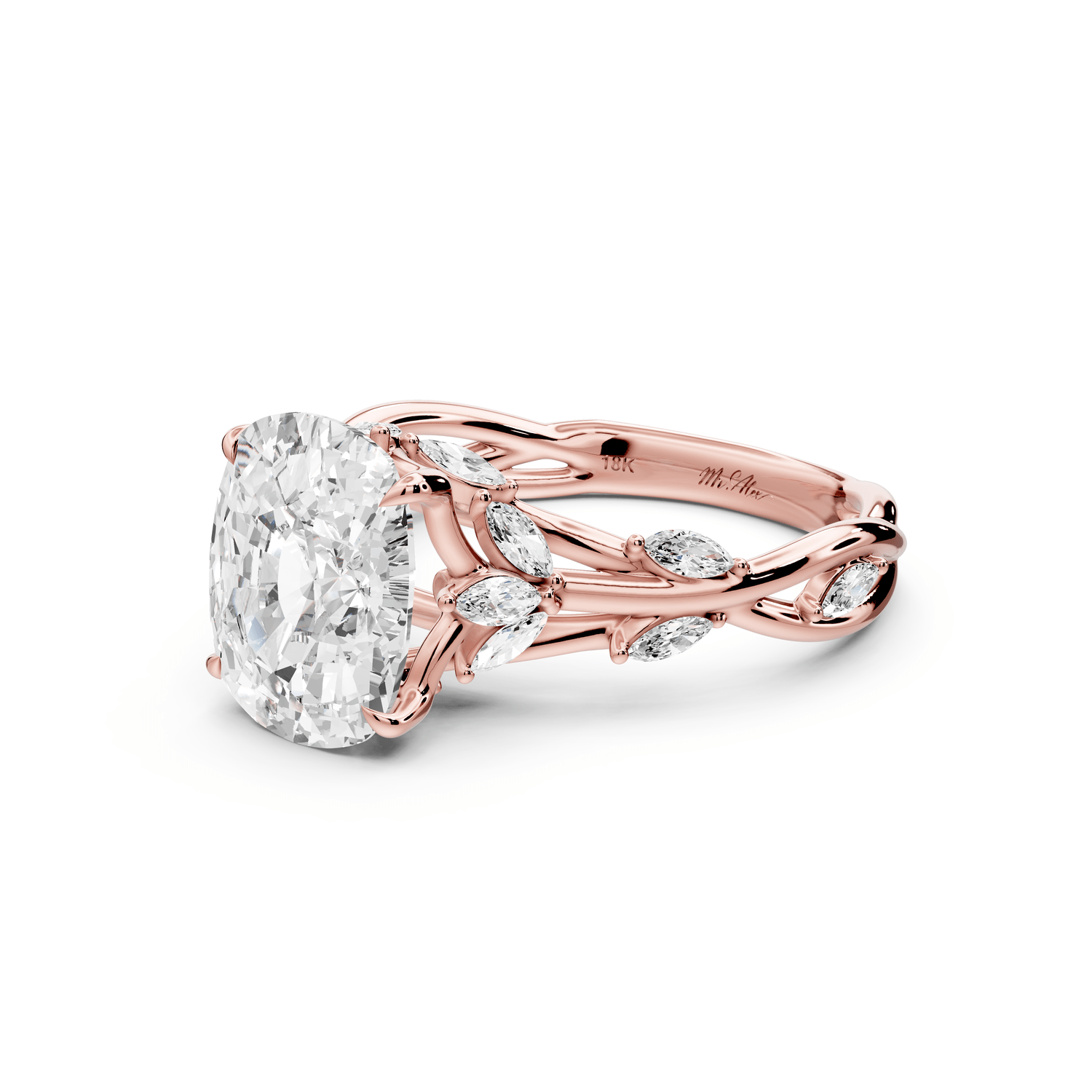 Sarah - 3ct 14k rose gold Ecushion Nature-Inspired Engagement Ring with Sculpted Vine and Leaf Side Stones - Mr. Alex Jewelry