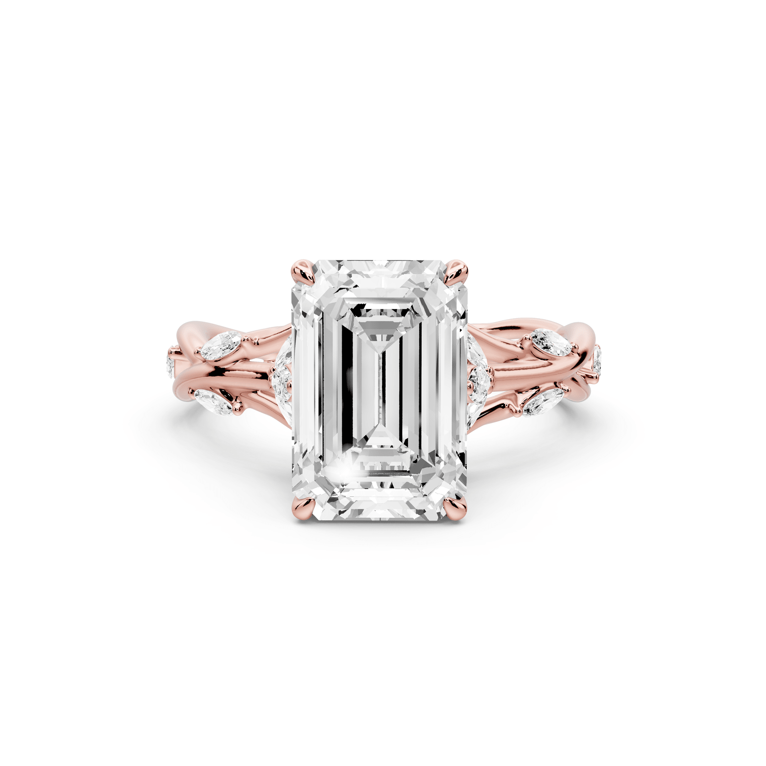 Sarah - 3ct 14k rose gold Emerald Nature-Inspired Engagement Ring with Sculpted Vine and Leaf Side Stones - Mr. Alex Jewelry