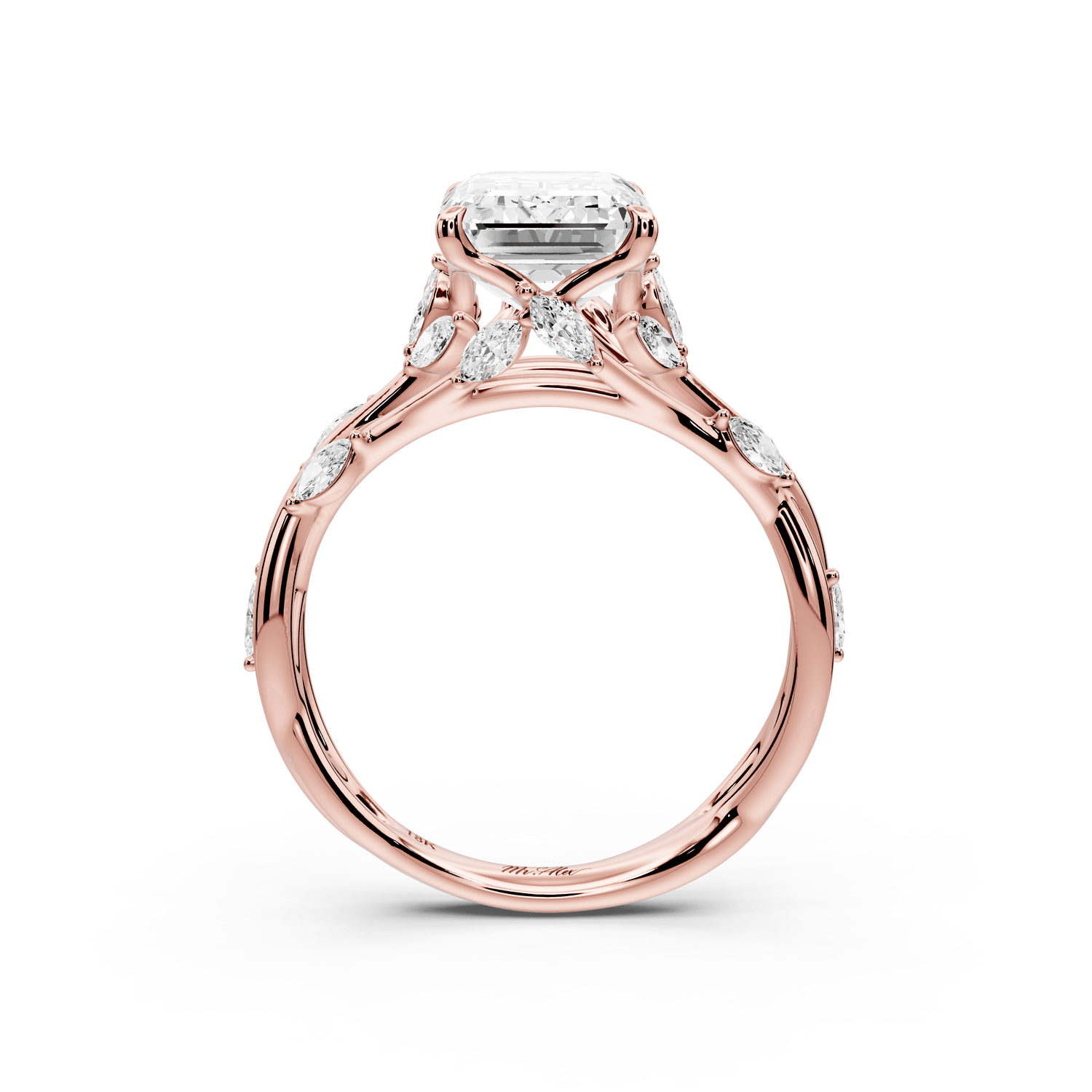 Sarah - 3ct 14k rose gold Emerald Nature-Inspired Engagement Ring with Sculpted Vine and Leaf Side Stones - Mr. Alex Jewelry