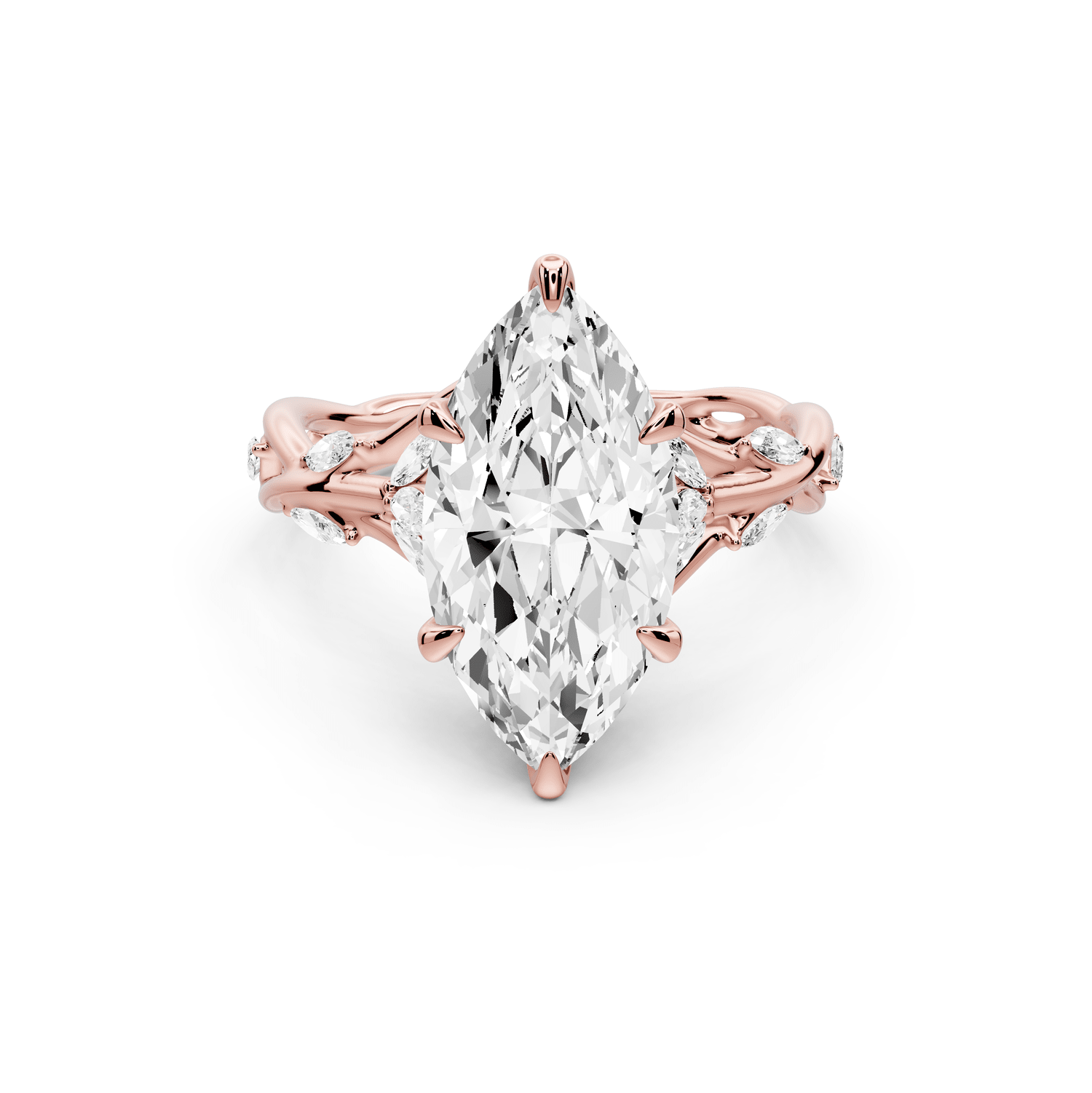 Sarah - 3ct 14k rose gold Marquise Nature-Inspired Engagement Ring with Sculpted Vine and Leaf Side Stones - Mr. Alex Jewelry