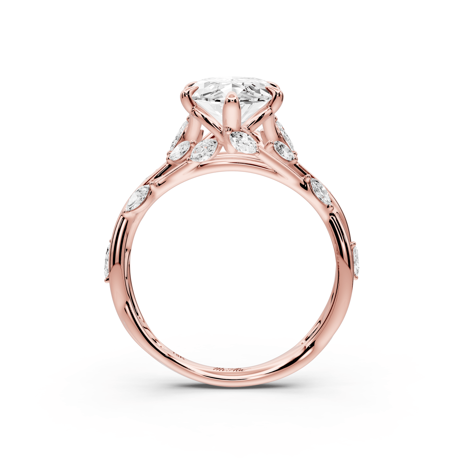 Sarah - 3ct 14k rose gold Marquise Nature-Inspired Engagement Ring with Sculpted Vine and Leaf Side Stones - Mr. Alex Jewelry