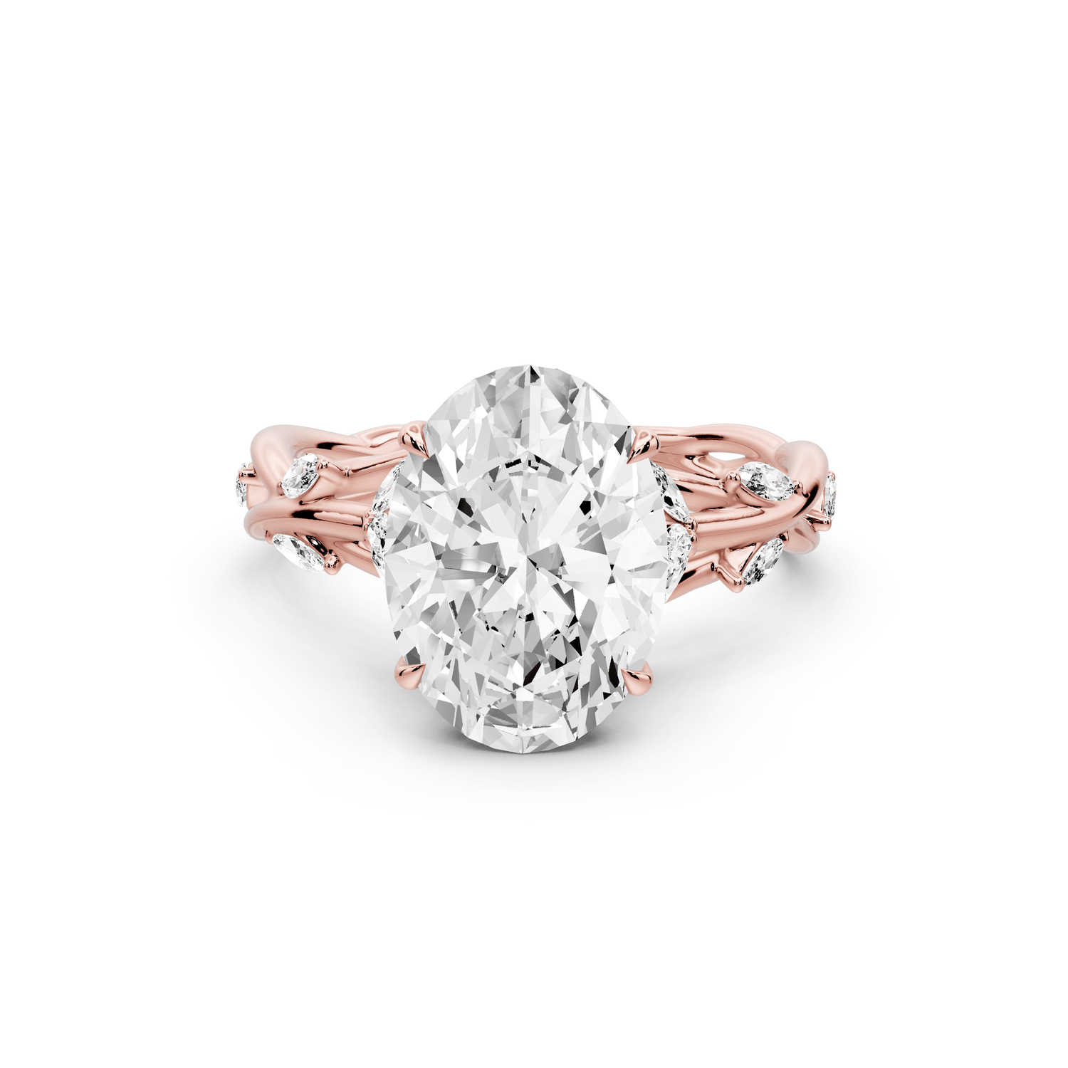 Sarah - 3ct 14k rose gold Oval Nature-Inspired Engagement Ring with Sculpted Vine and Leaf Side Stones - Mr. Alex Jewelry