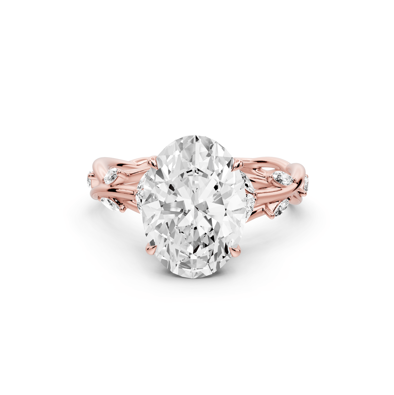 Sarah - 3ct 14k rose gold Oval Nature-Inspired Engagement Ring with Sculpted Vine and Leaf Side Stones - Mr. Alex Jewelry