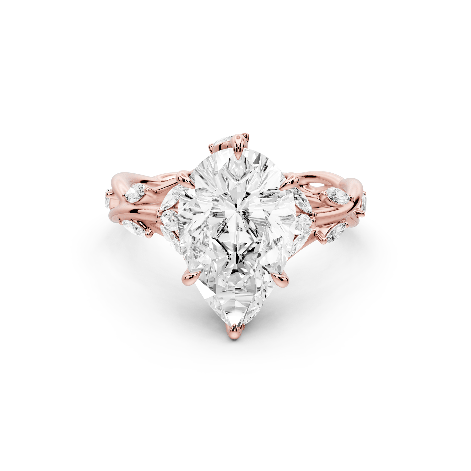Sarah - 3ct 14k rose gold Pear Nature-Inspired Engagement Ring with Sculpted Vine and Leaf Side Stones - Mr. Alex Jewelry