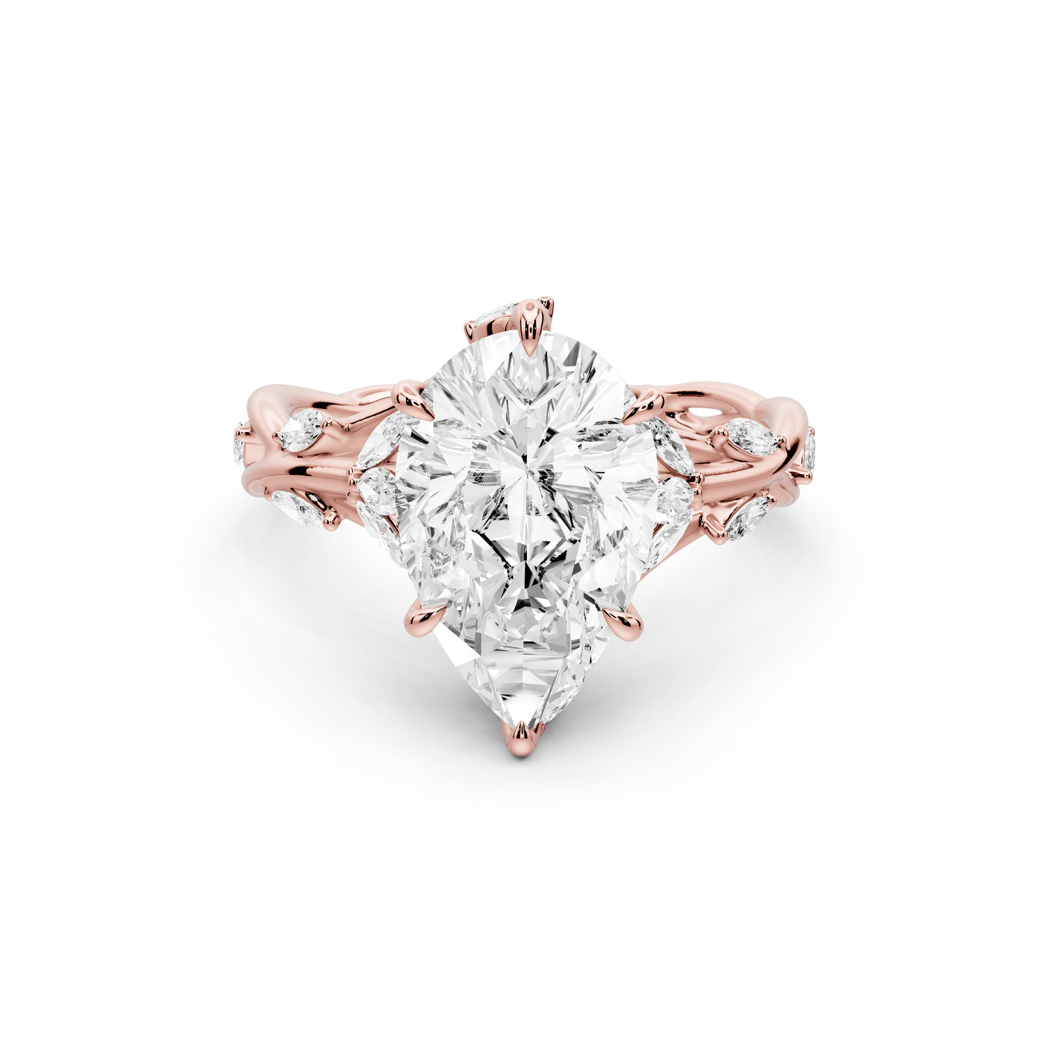 Sarah - 3ct 14k rose gold Pear Nature-Inspired Engagement Ring with Sculpted Vine and Leaf Side Stones - Mr. Alex Jewelry