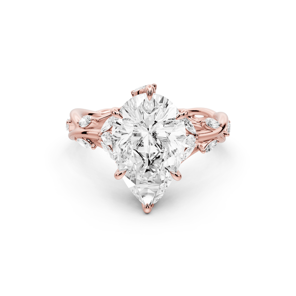 Sarah - 3ct 14k rose gold Pear Nature-Inspired Engagement Ring with Sculpted Vine and Leaf Side Stones - Mr. Alex Jewelry